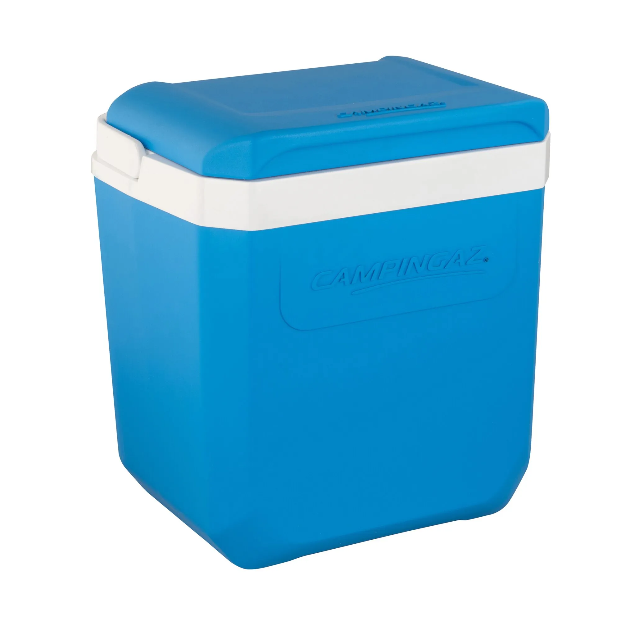 Blaue Campingaz-Kühlbox Icetime Plus mit weißem Deckelrahmen, geschlossen und in schräger Vorderansicht, 30 Liter Fassungsvermögen