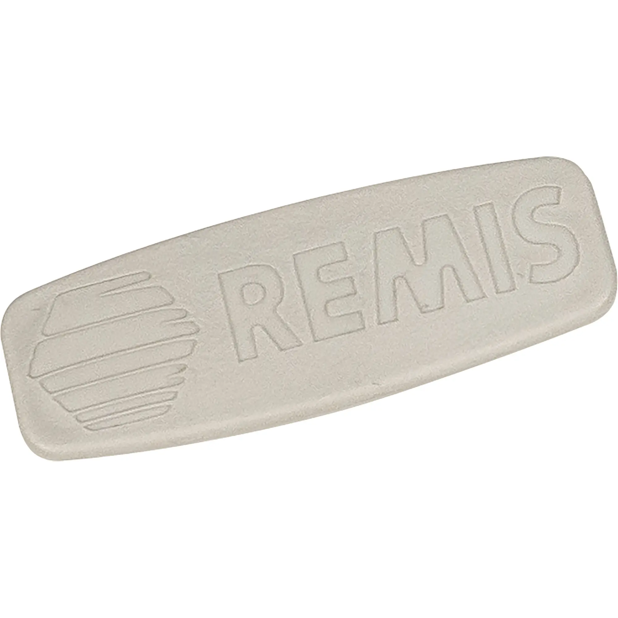 Beige Abdeckkappe aus Kunststoff mit eingeprägtem Remis-Logo, strukturierte Oberfläche und abgerundete Kanten in diagonaler Lage