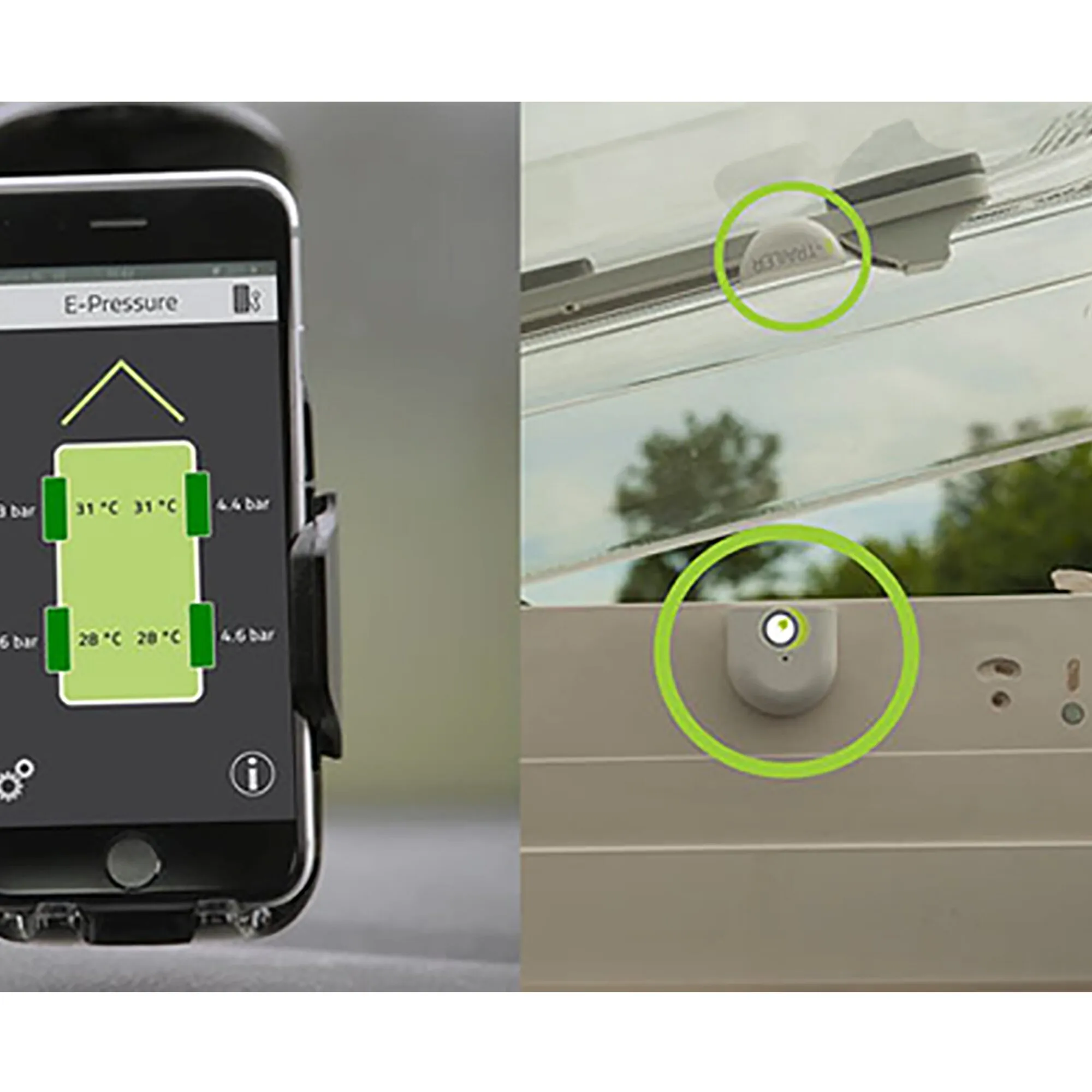 E-Trailer Sicherheitspaket Reisemobil mit Smartphone-Anzeige von Reifendruck und Temperatur sowie markierten Türsensoren