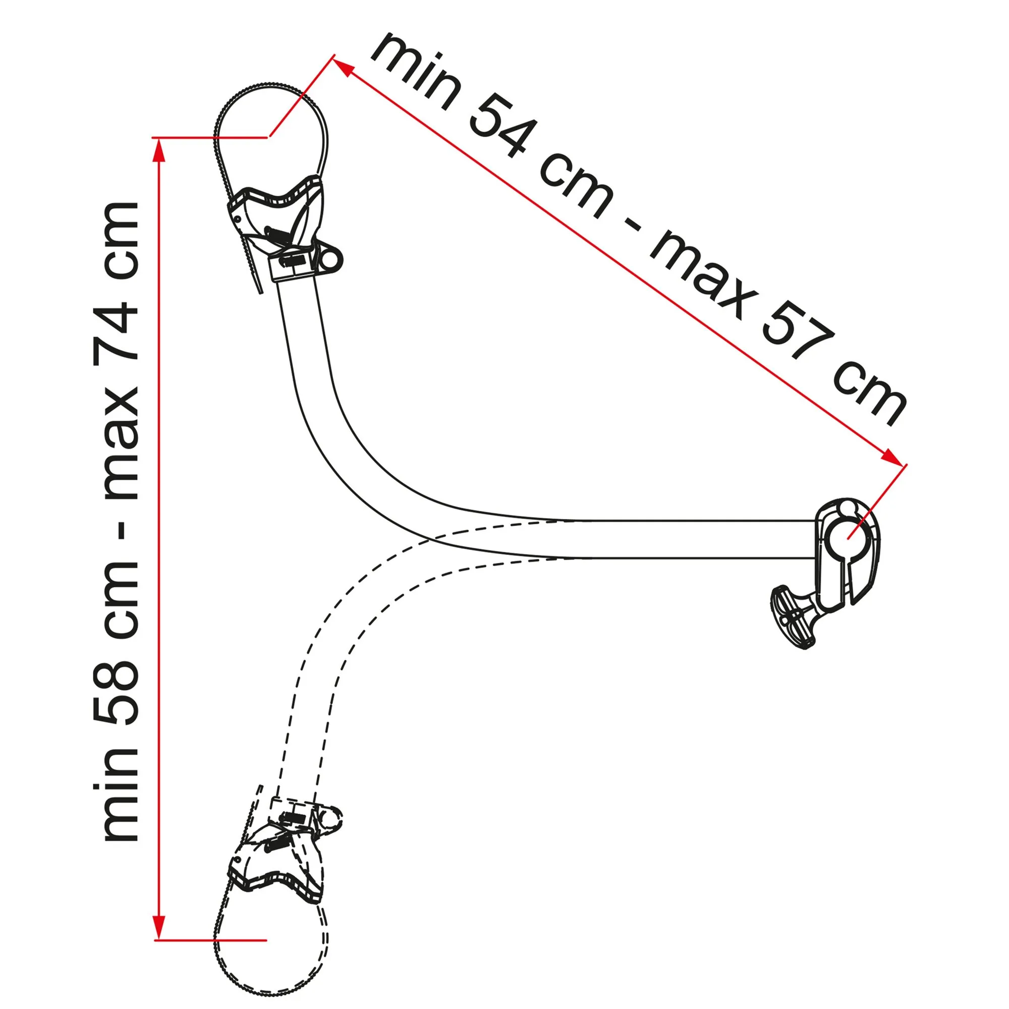 Technische Zeichnung des Fahrradhalters Bike-Block Pro S 4 mit Klemmvorrichtungen und Maßangaben: 58–74 cm und 54–57 cm