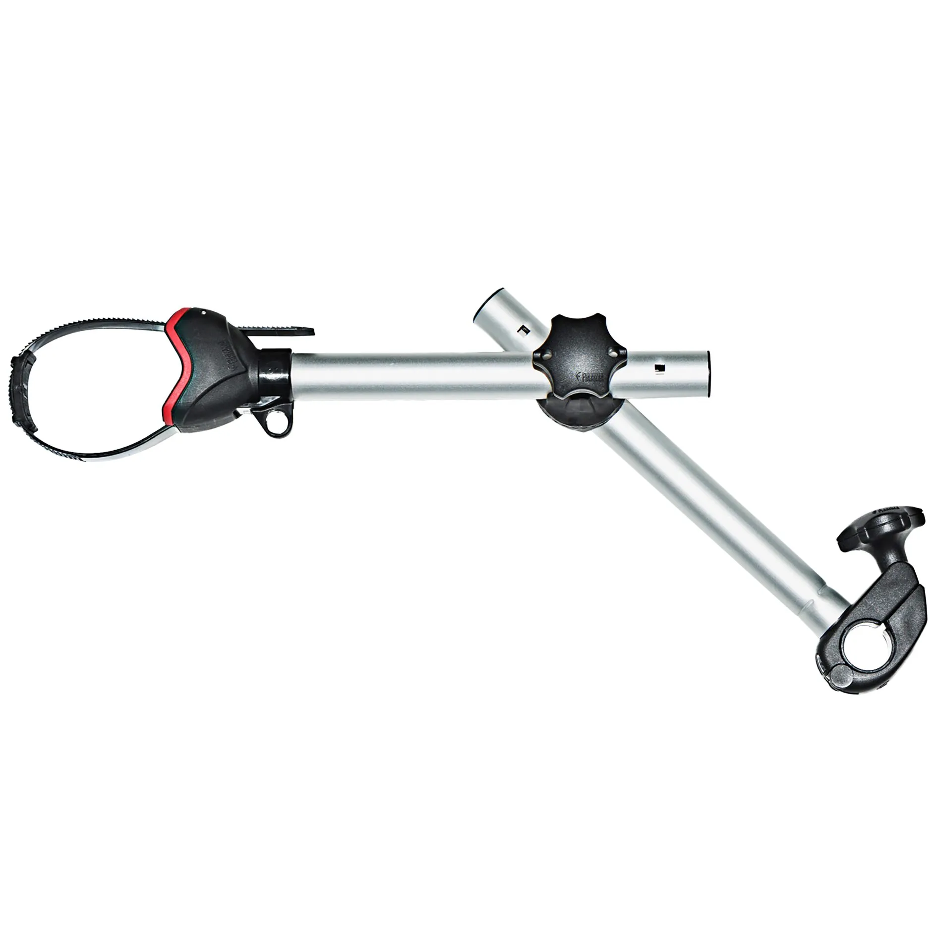 Silberner Fahrradhalter Bike-Block Pro S mit schwarzer Rahmenklemme, Zahnband und Lenkerbefestigung am Ausleger