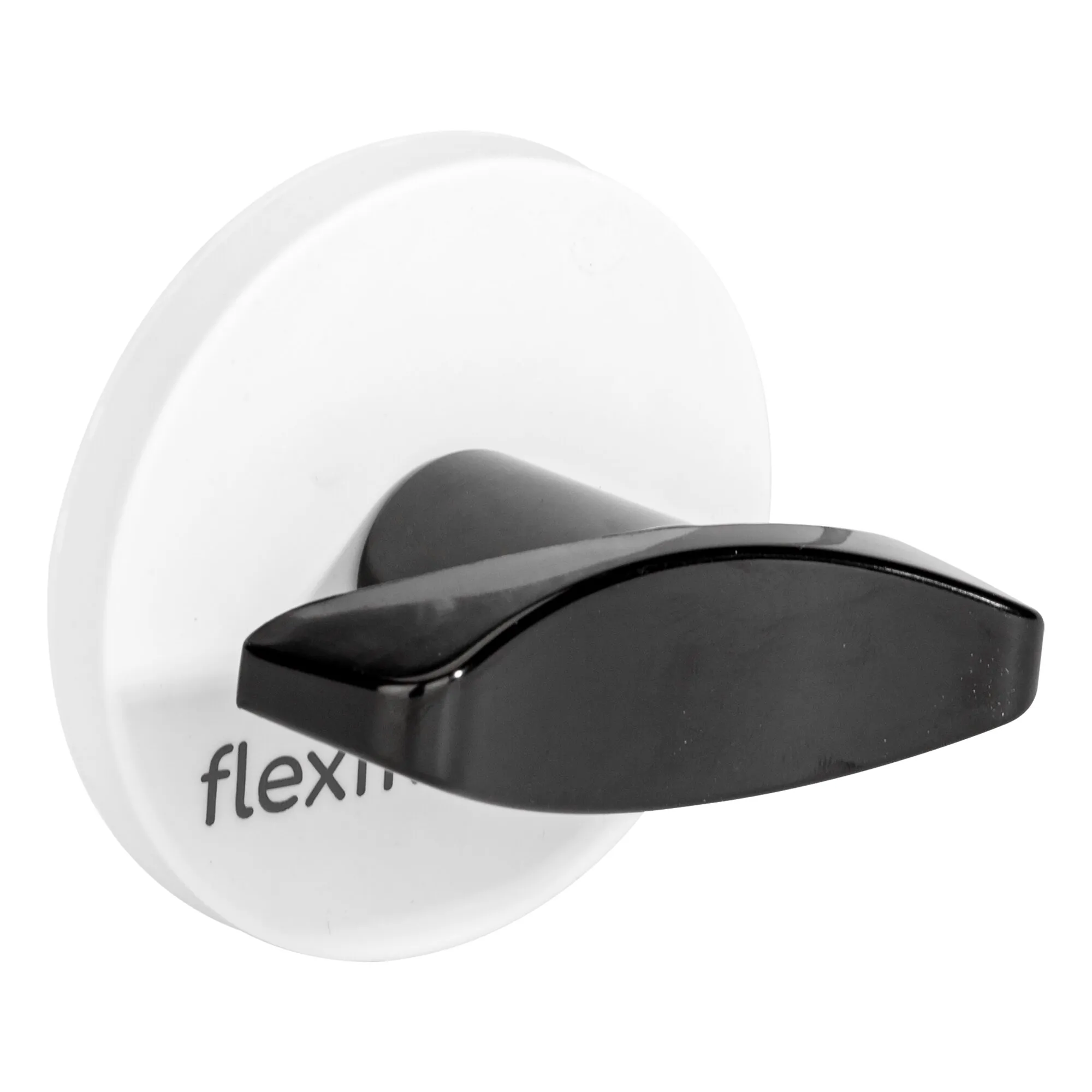 Schwarze, flache flexiMAGS Halterung mit abgerundeten Kanten vor einer runden weißen Grundplatte mit flexiMAGS-Schriftzug