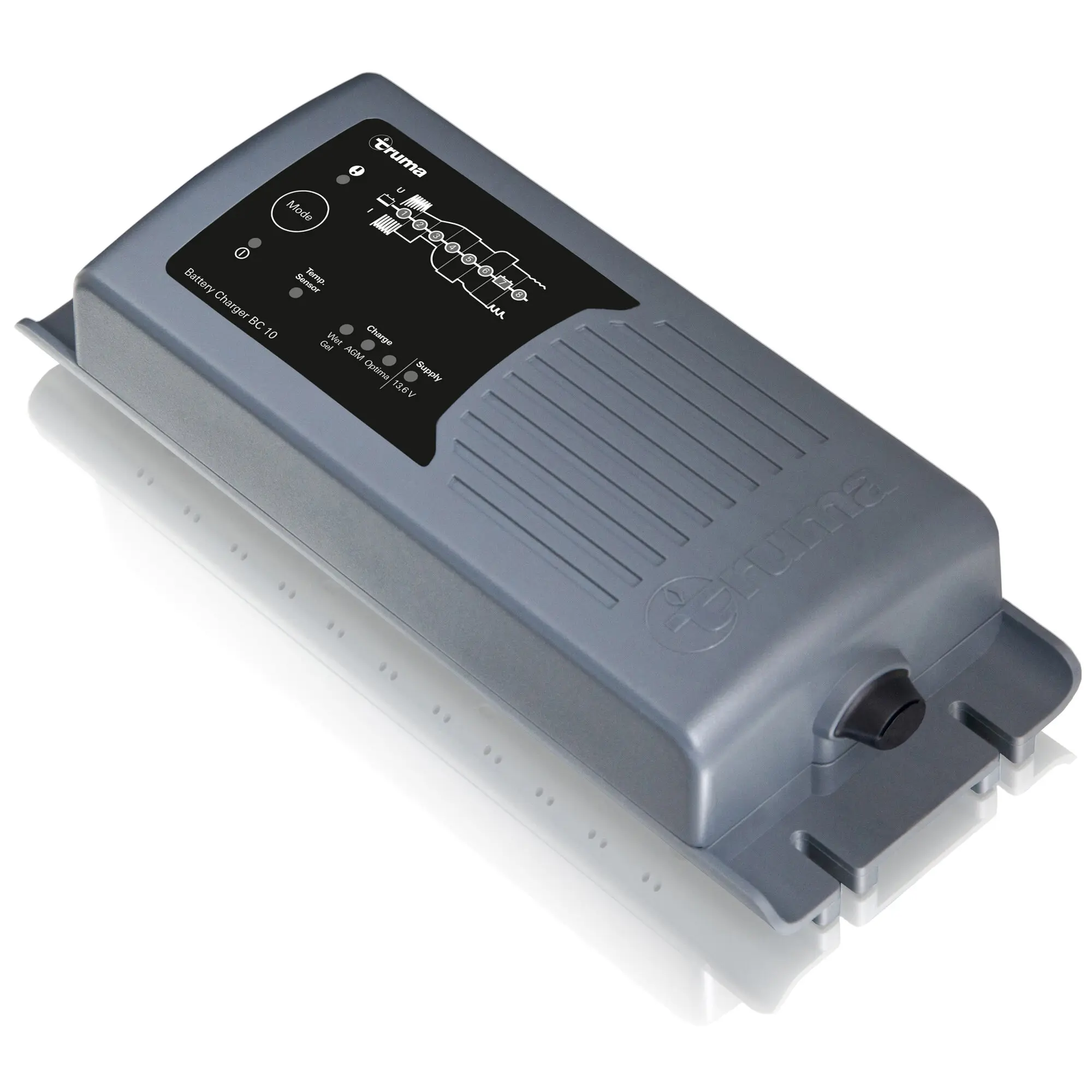 Graues Ladegerät mit schwarzem Display zeigt Schaltplansymbol, Mode und Battery Charger BC 10; Teil des Mover PowerSet für SX XT4 und smart