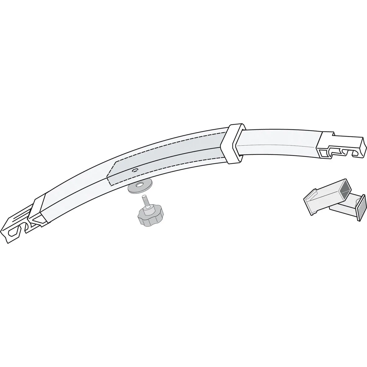 Gebogene Spannstange Rafter Pro mit Befestigungshaken, Klemmhalterung, Unterlegscheibe und Drehknopf für Markisen F45, F65, F70 und F80s