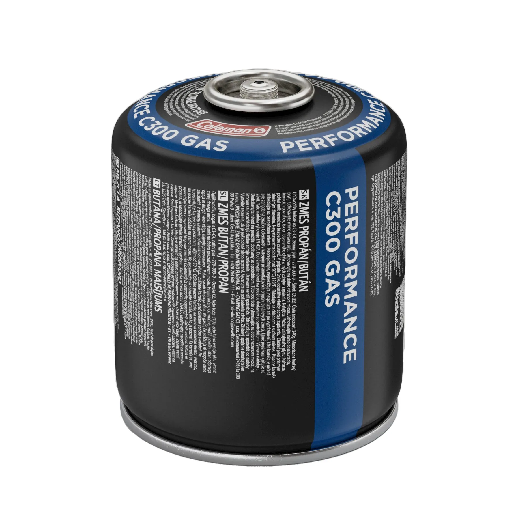 Schwarze Coleman-Gaskartusche C300 mit 240 g Inhalt, blauem Aufdruck und sichtbarem Schraubventil auf weißem Hintergrund