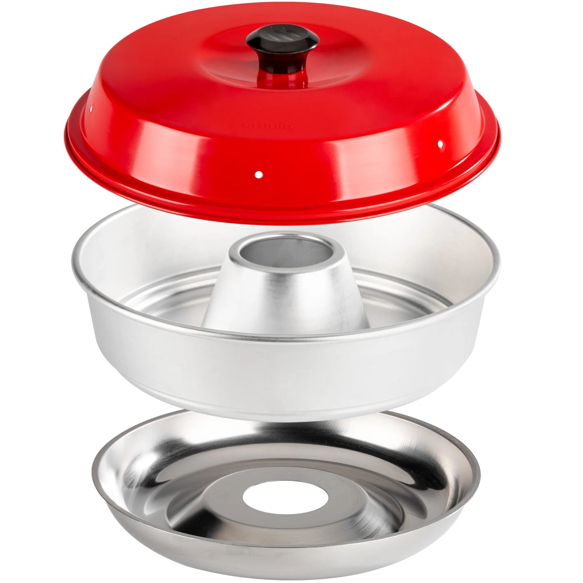 Backofen Classic aus Edelstahl mit rotem Deckel, schwarzem Griff, zentralem Kamin und separater Untersetzer-Schale