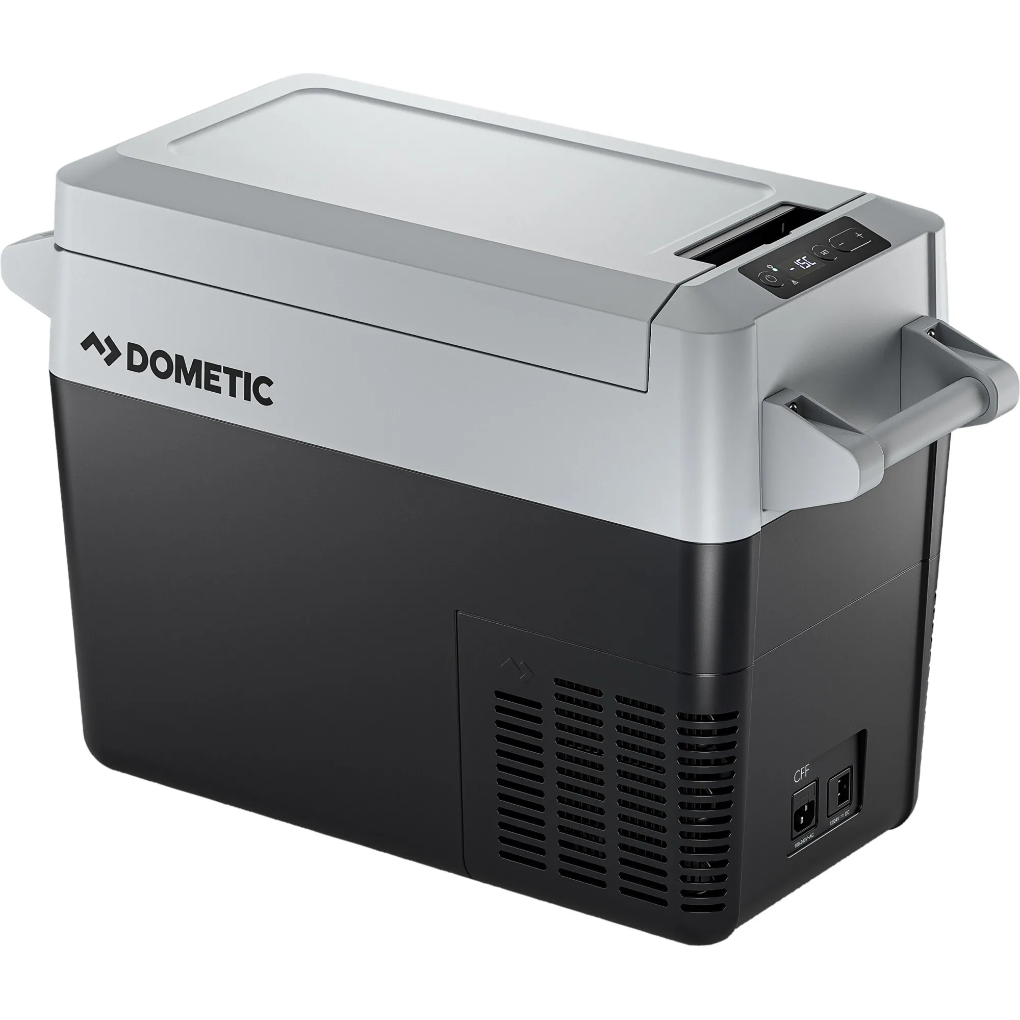 DOMETIC CFF Kompressor-Kühlbox in Schwarz und Grau mit Deckel, Tragegriff, Bedienfeld und Anschlüssen für 12/24 sowie 100–240 Volt