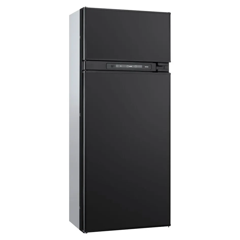 Schwarzer Kühlschrank N4145 A mit Gefrierfach oben, LCD-Bedienfeld und seitlich sichtbarem Gehäuse