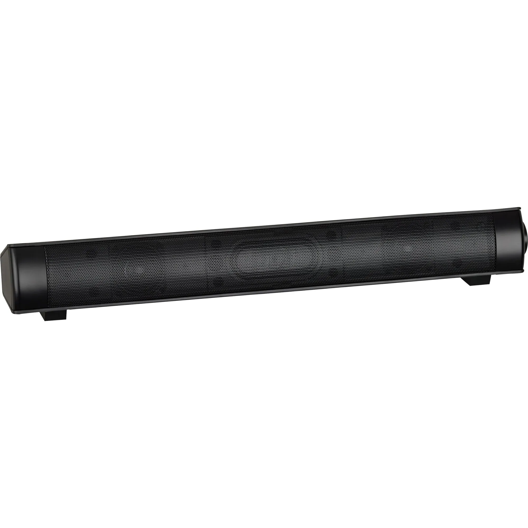 Schwarze lange Soundbar mit grobem Lautsprechergitter, abgerundeten Endkappen und Standfüßen an beiden Seiten vor weißem Hintergrund