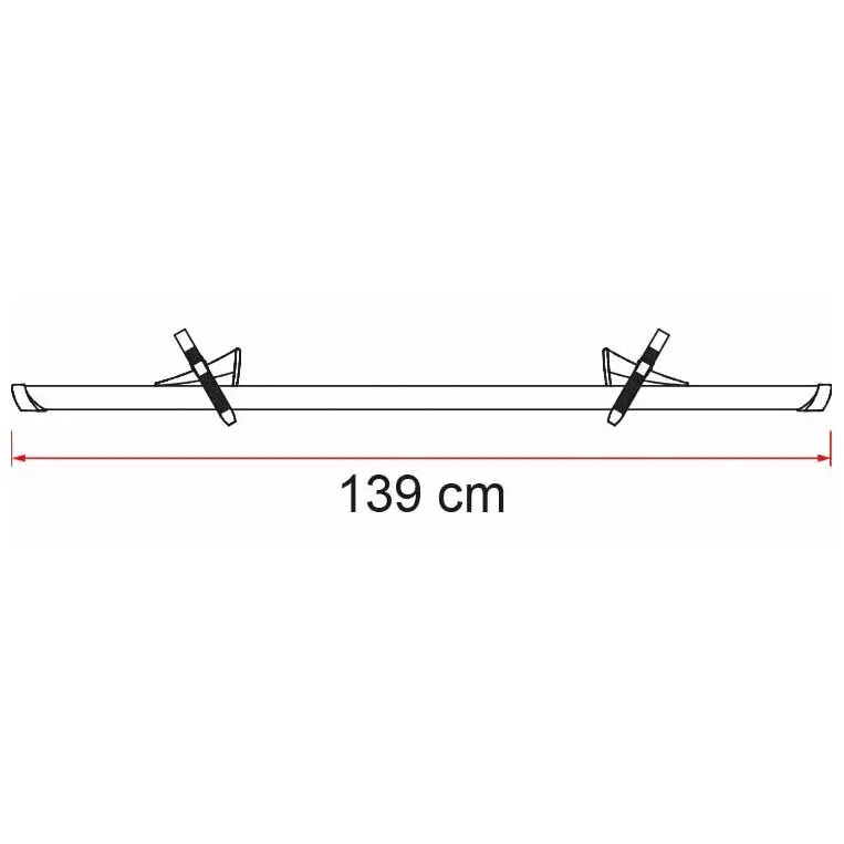 Silberne Fahrradschiene mit zwei verstellbaren Halterungen, flache Leiste und seitliche Klemmen, darunter eine rote Maßlinie mit 139 cm