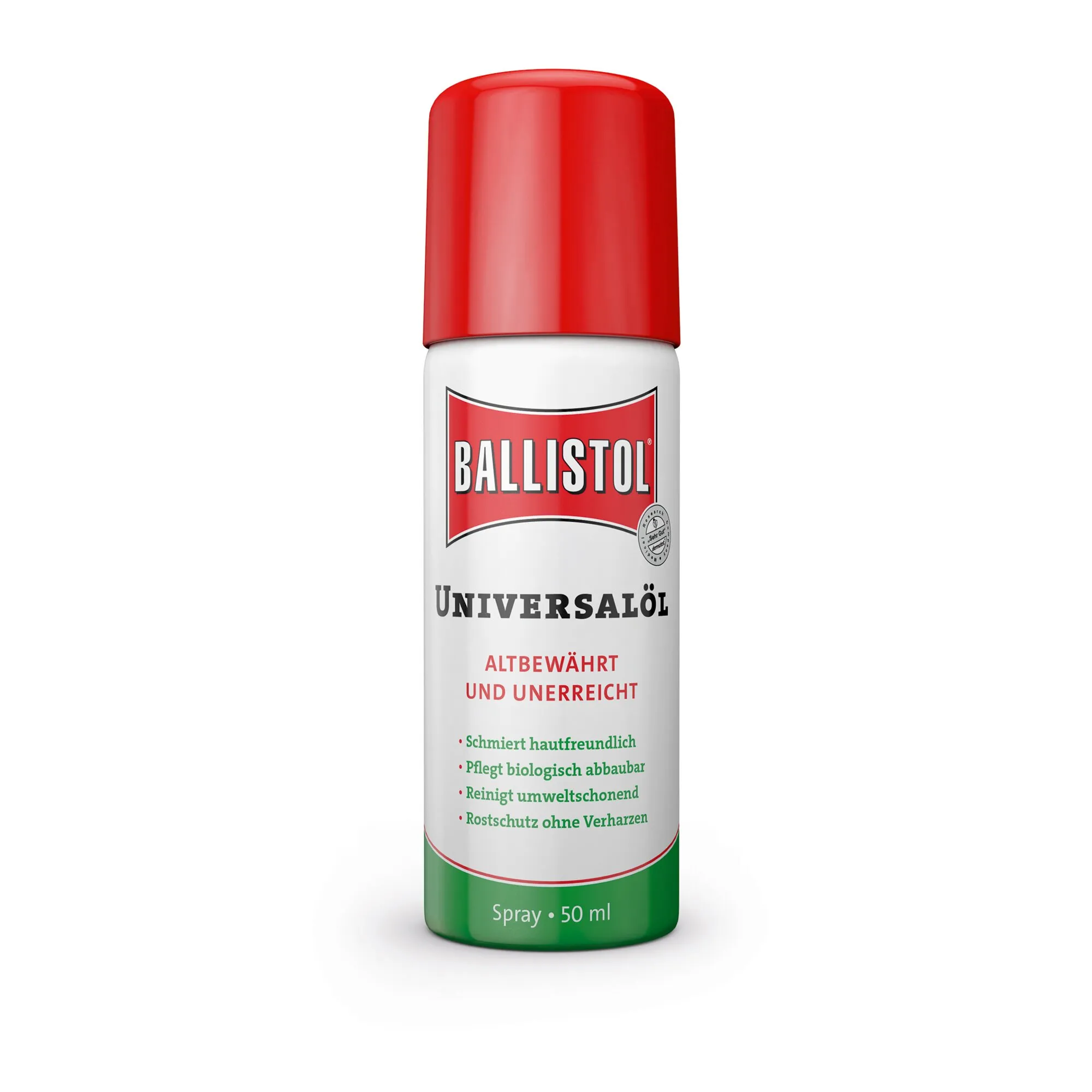 Ballistol Universalöl als 50-ml-Spray in weißer Dose mit rotem Deckel und grünem unteren Bereich
