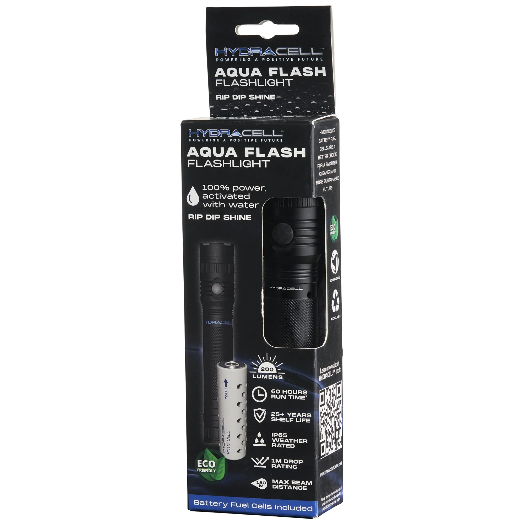 Schwarze Hydracell AQUA FLASH Taschenlampe in Verpackung mit sichtbarer Brennstoffzelle und Produktdaten】【。