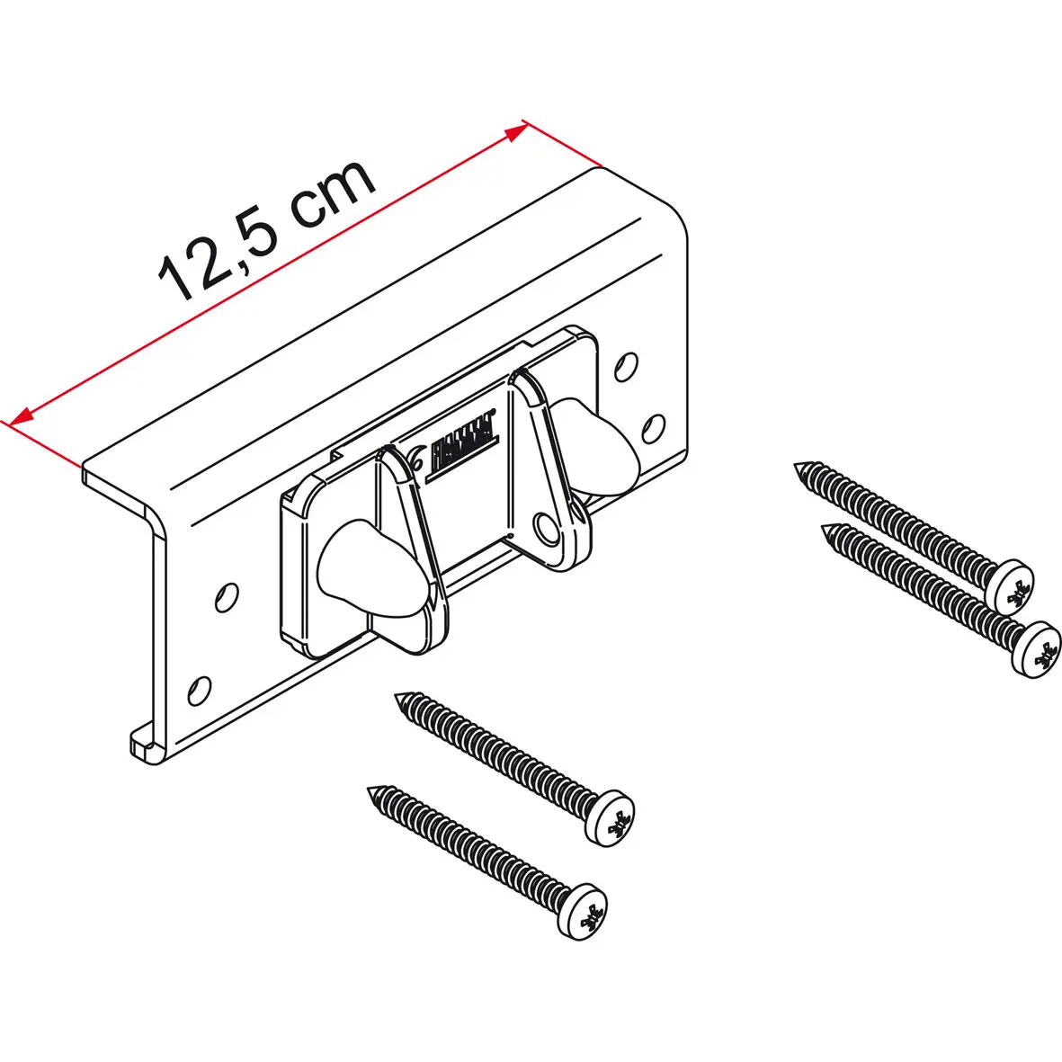 Carry-Bike Anbau-Kit Dethleffs ab 2010: rechteckige Befestigungsplatte mit zwei Halterarmen, drei Schrauben und 12,5 cm Länge