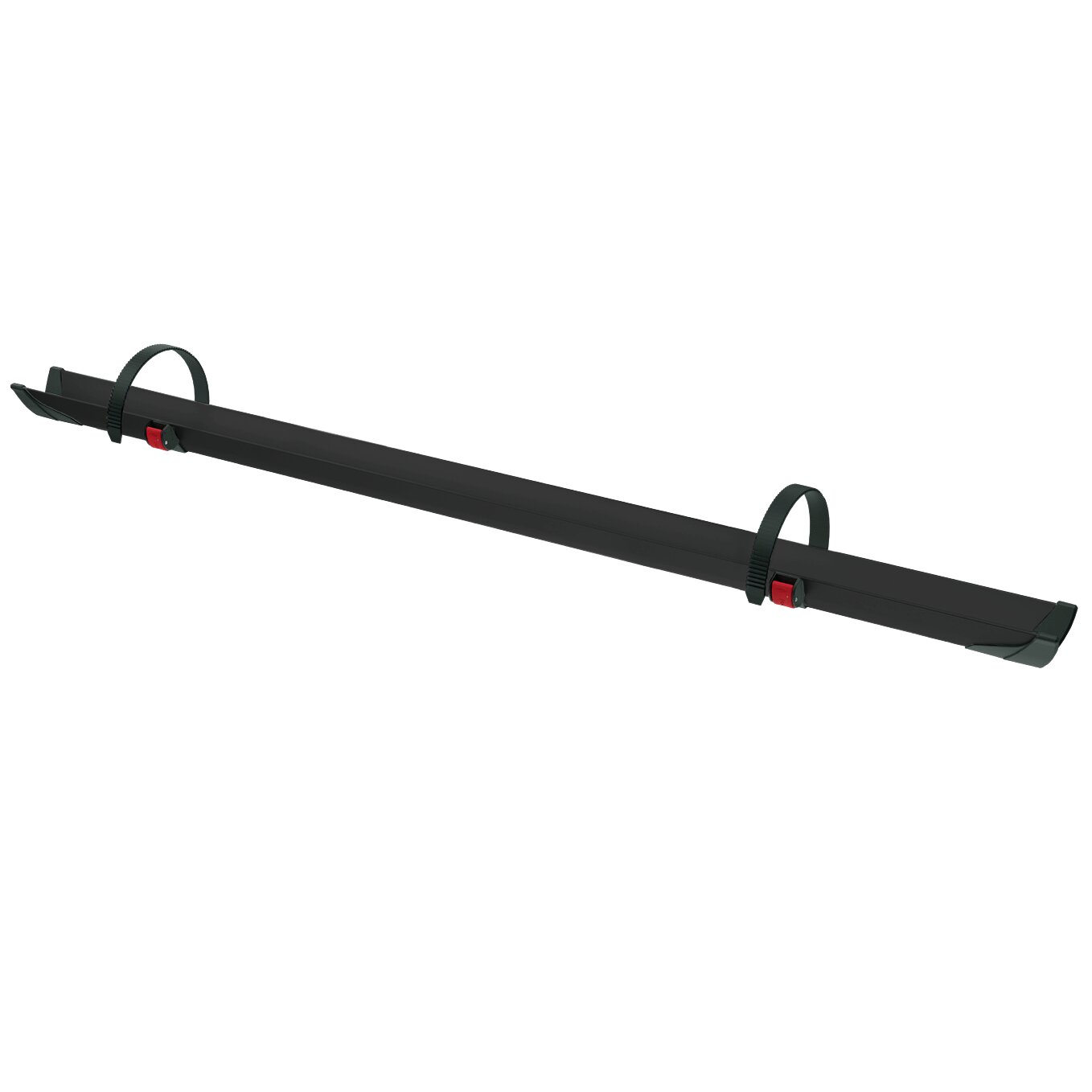 Schwarze Fahrradschiene Rail Plus XL, langes Metallteil mit zwei grünen Spannbändern, roten Verriegelungen und Endkappen an beiden Enden