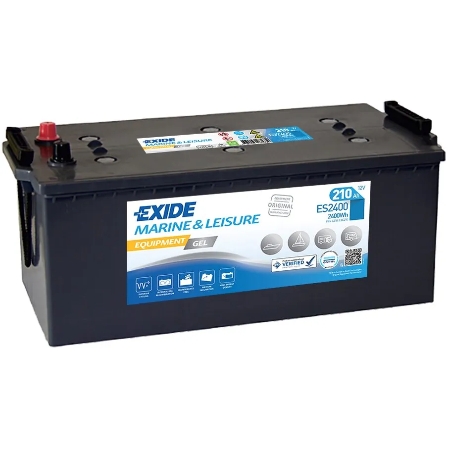 Schwarze Exide Marine-&-Leisure-GEL-Batterie Equipment ES2400 mit 12 V und 210 Ah, seitlich und von oben sichtbar