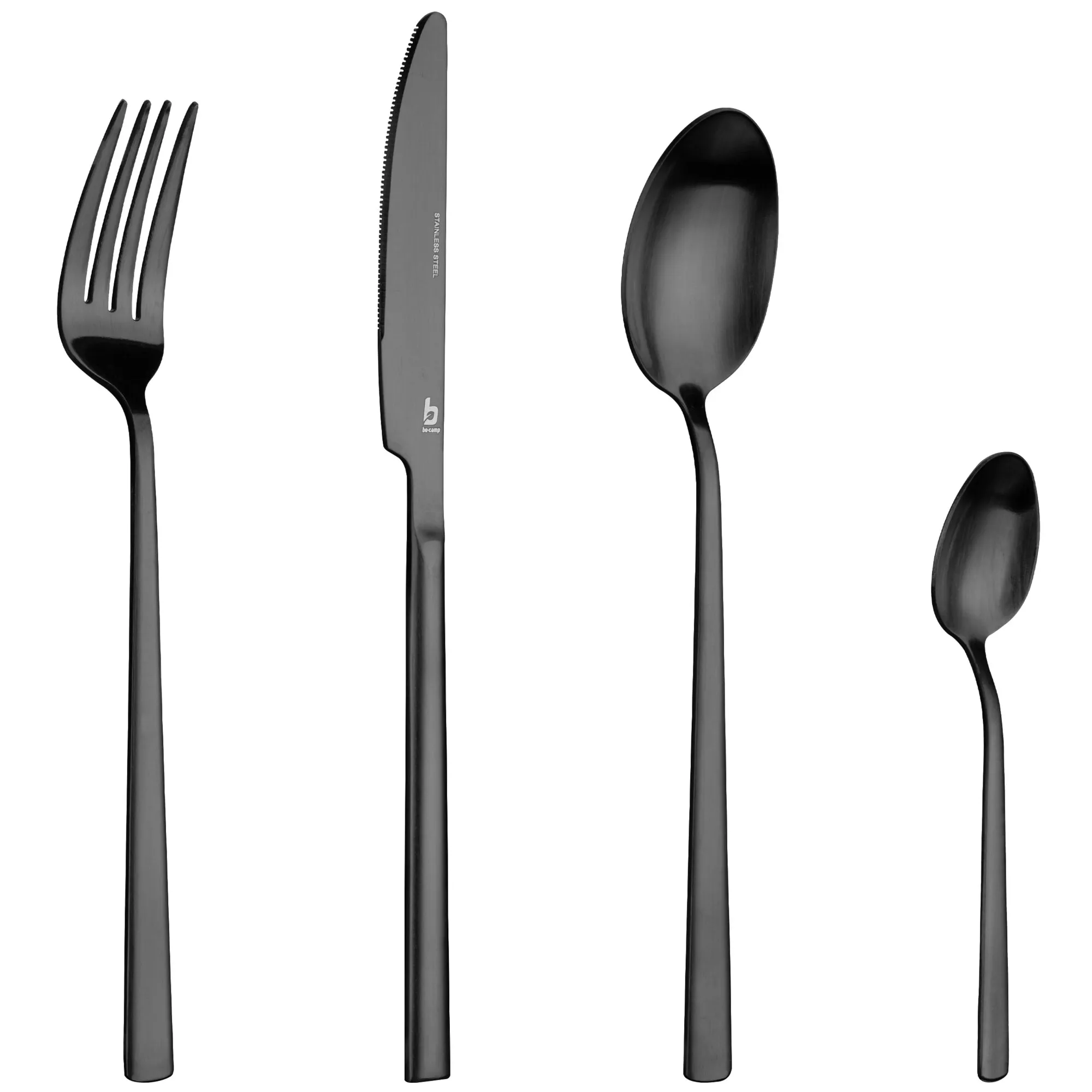 Schwarzes Besteckset Fairbanks mit Gabel, Wellenschliffmesser, Esslöffel und Teelöffel aus Edelstahl auf weißem Hintergrund