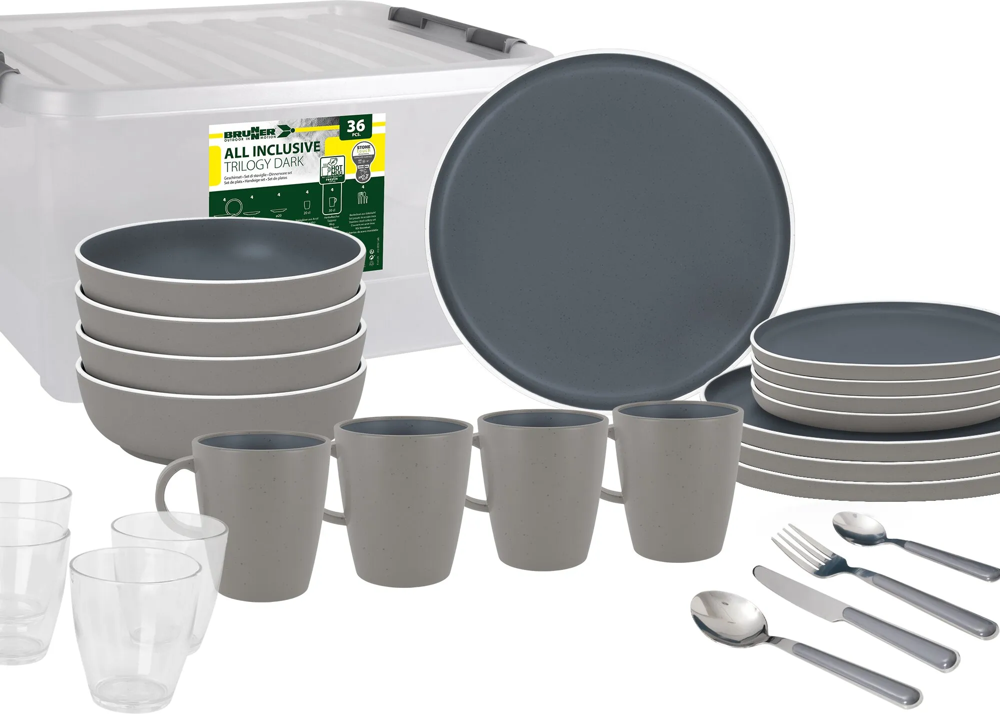 Brunner Geschirrset Trilogy Dark, 36-teilig, in Grau mit Tellern, Schalen, Bechern, Gläsern und Besteck neben einer Aufbewahrungsbox