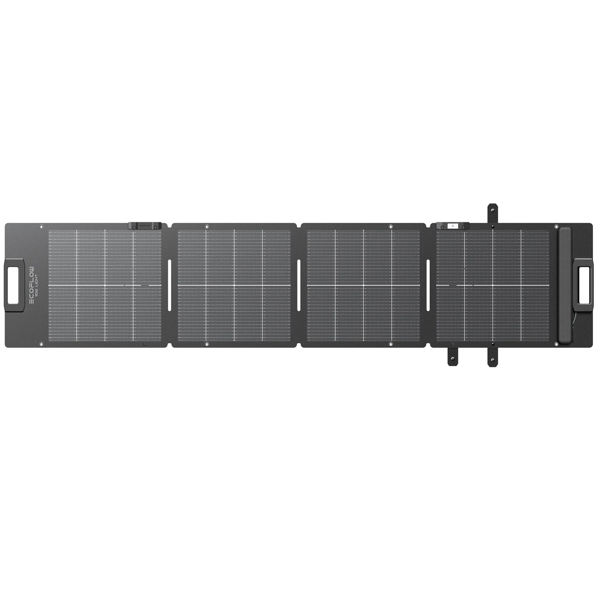 Faltbares Solarmodul, dunkelgrau mit mehreren Paneelen und Zellenrastern, Tragegriffen an beiden Enden, Anschlussbox sichtbar, 110 Wp