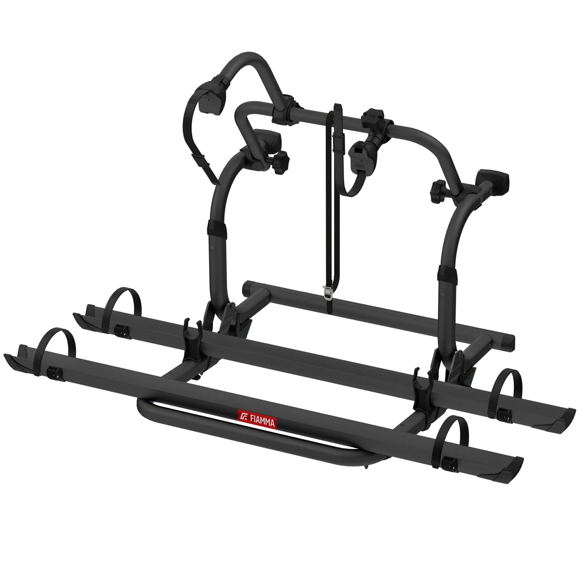 Schwarzer Fahrradträger Fiamma Carry-Bike Pro C mit zwei Fahrradschienen, Haltebügeln und Befestigungsriemen