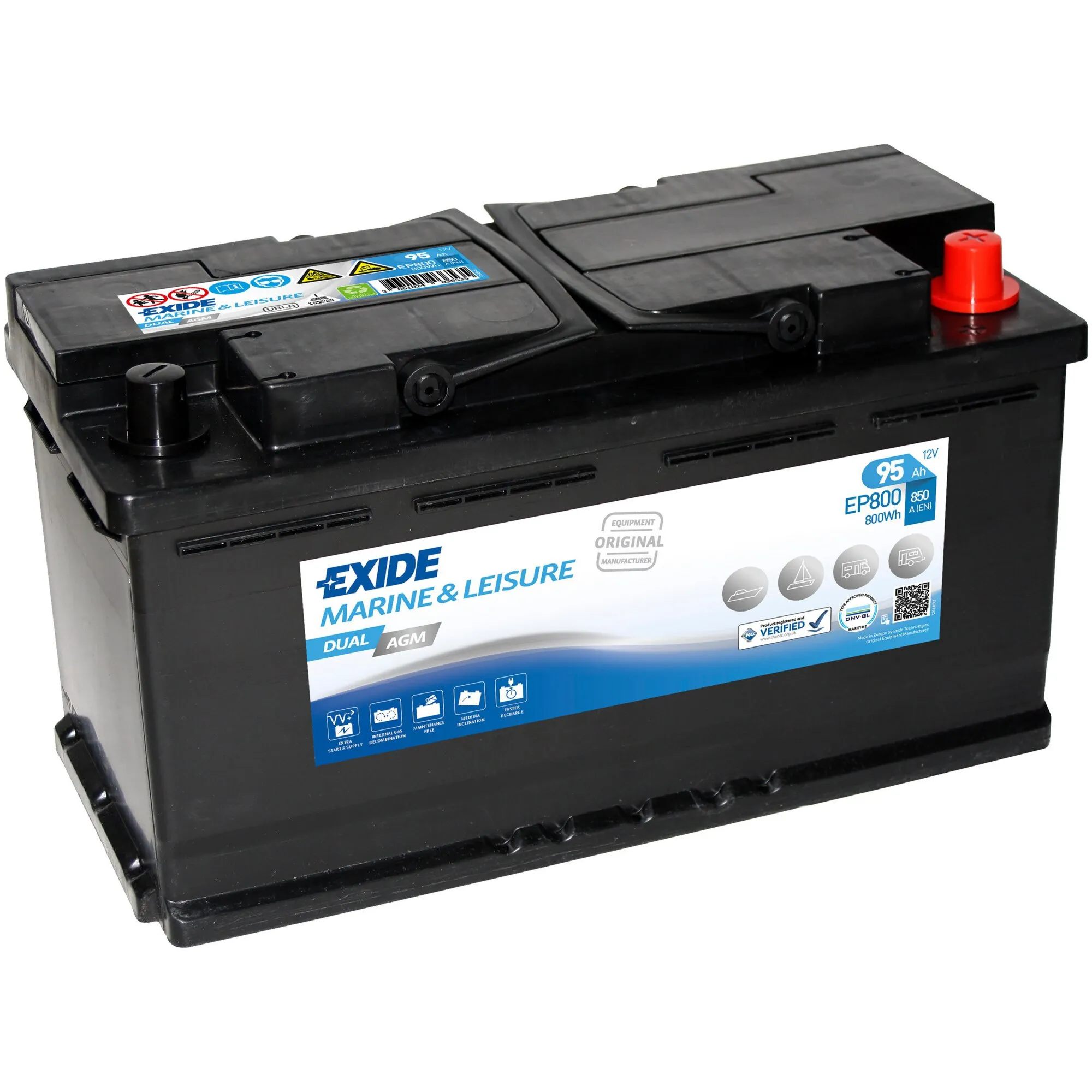 Schwarze Exide Marine & Leisure Dual-AGM-Batterie mit 12 V und 95 Ah, rotem Pluspol und schwarzem Gehäuse