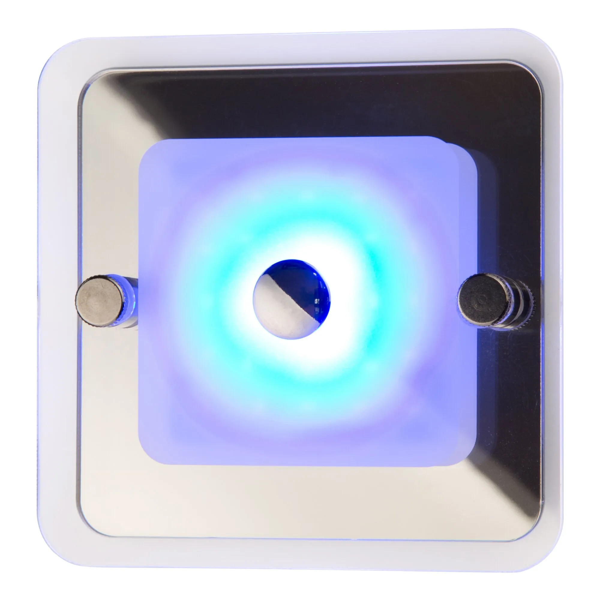 Deckenleuchte Nightlight 1 mit quadratischem weißen Rahmen, schwarzer Innenfläche und blau-türkis leuchtendem Lichtzentrum