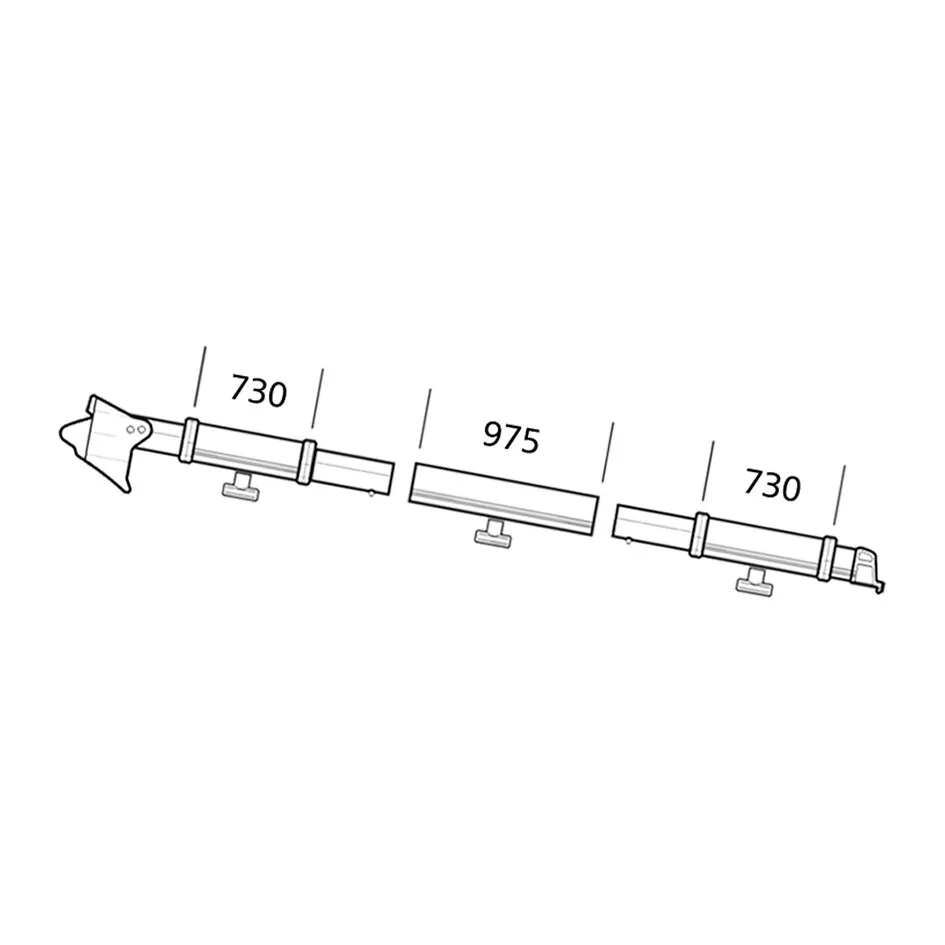 Klemmprofil Thule Residence/Panorama links, technische Zeichnung mit drei Profilsegmenten und Längenangaben 730, 975 und 730 Millimeter