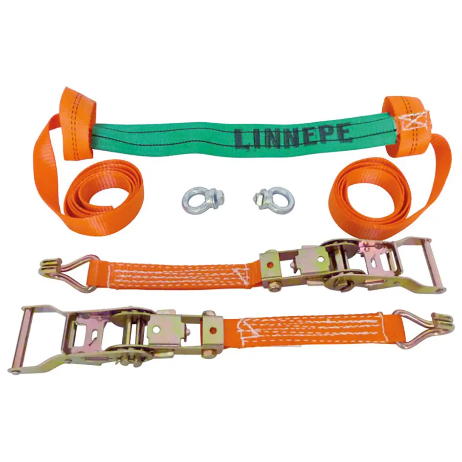 Zurrgurt-Set mit orangefarbenen Nylonbändern, zwei Metallratschen, Haken an den Enden und grünem Band mit Nählinien