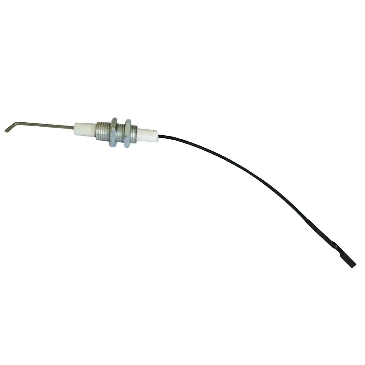 Zündkerze mit Kabel für Hockerkocher, Metallgewinde, weißer Keramik-Isolator und schwarzes Anschlusskabel