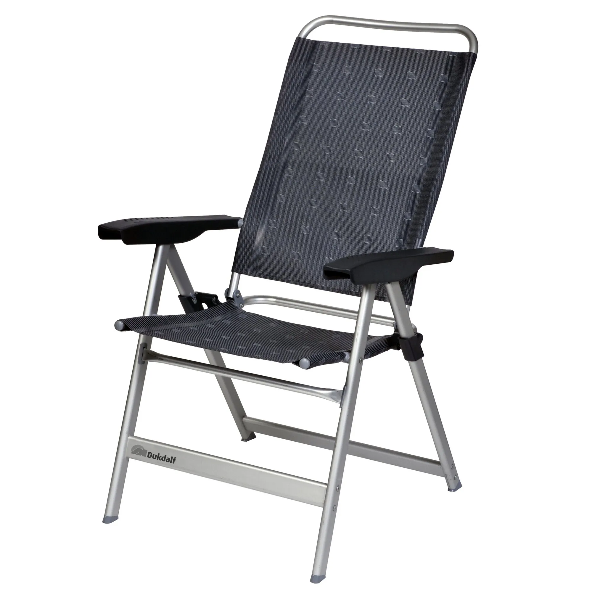 Campingstuhl Dynamic Standard von Dukdalf mit anthrazitfarbenem Textilgewebe, Aluminiumrahmen, Armlehnen und Fußstütze