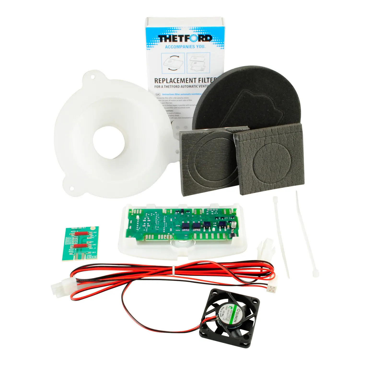 Ersatzventilator-Kit für C250 mit weißem runden Gehäuse, schwarzem Filter, zwei graue Filter, Leiterplatte, roten Kabeln und Kleinteile