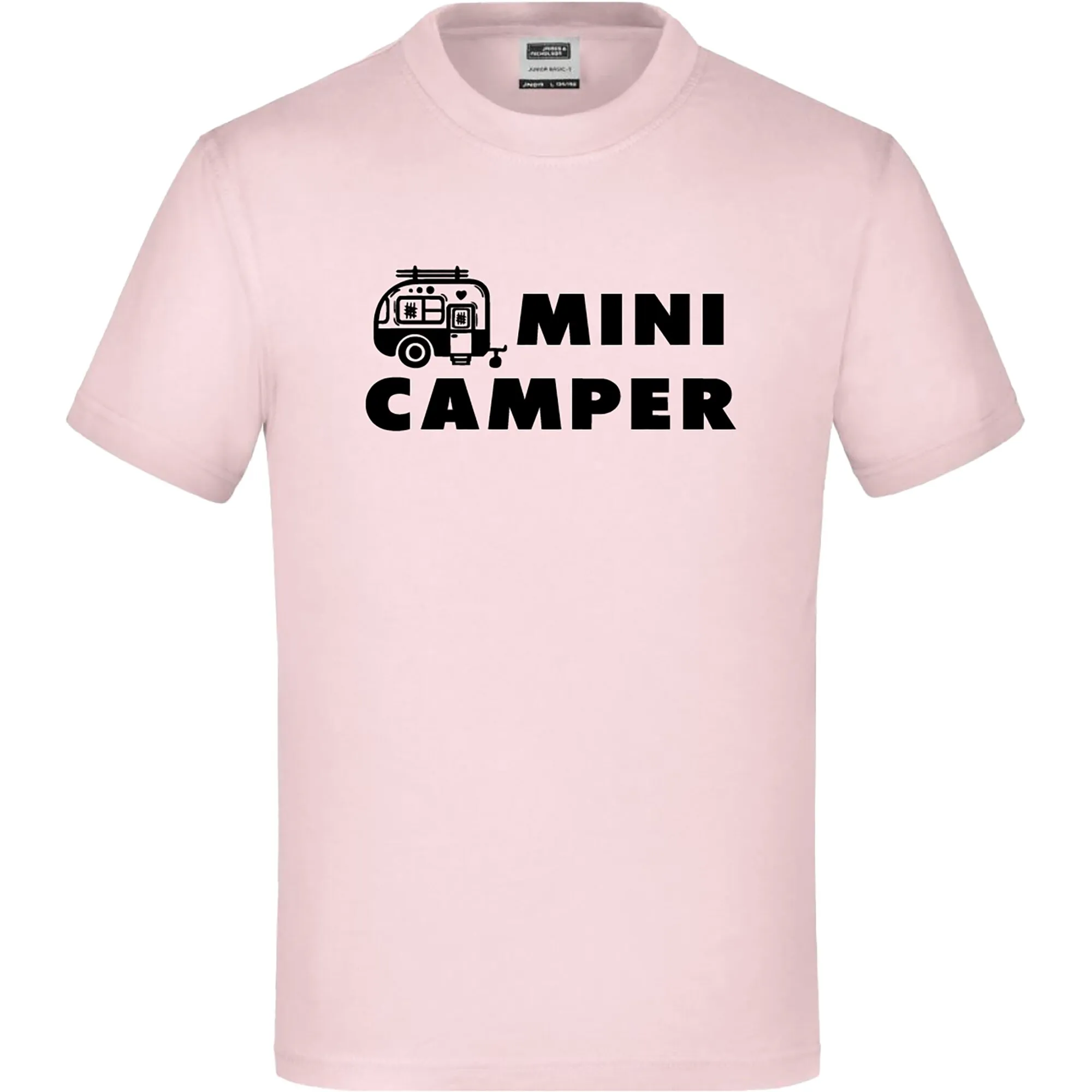 Rosa T-Shirt für Kinder in Größe 134/146 mit schwarzem Camper-Motiv und dem Schriftzug Mini Camper, Rundhalsausschnitt und kurzen Ärmeln