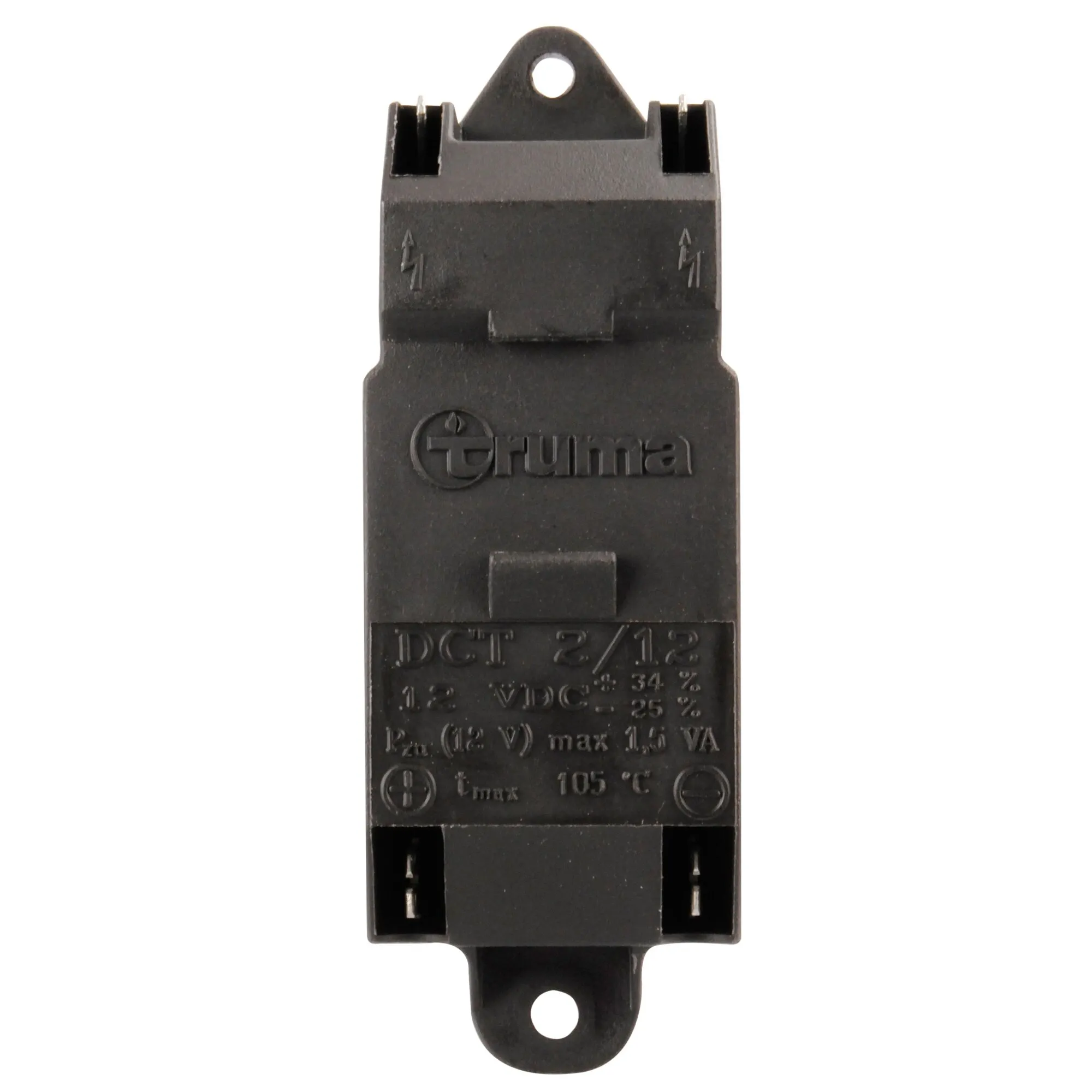 Schwarzer Hünne-Zünder mit zwei Befestigungsösen, Anschlussklemmen und sichtbarer Kennzeichnung DC 12–16 V, max. 10 VA