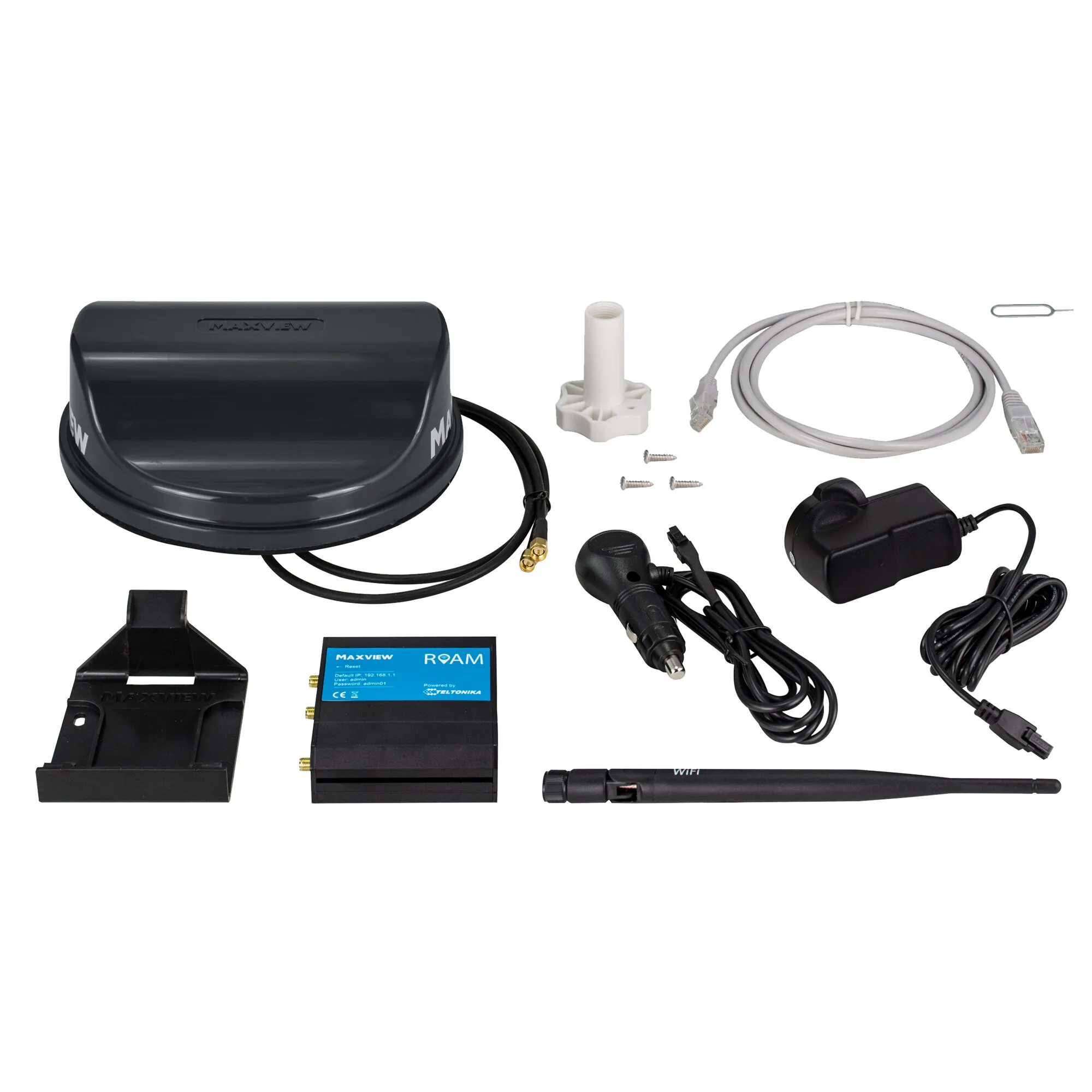 Routerset Maxview Roam in Anthrazit mit Router, Dachantenne, WLAN-Antenne, Halterung, Netzteilen, Kabeln und Schrauben