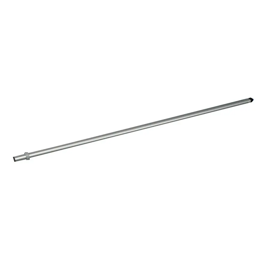 Langer silberner Spannarm aus Metall mit Klemmring am linken Ende und schwarzer Kunststoffkappe am rechten Ende