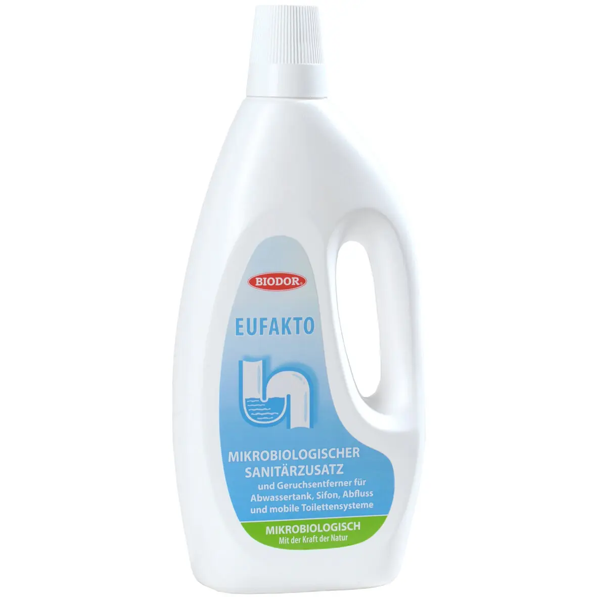 Weiße Kunststoffflasche mit Griff und Schraubkappe, blaues Etikett mit BIODOR EUFAKTO und Mikrobiologischer Sanitärzusatz