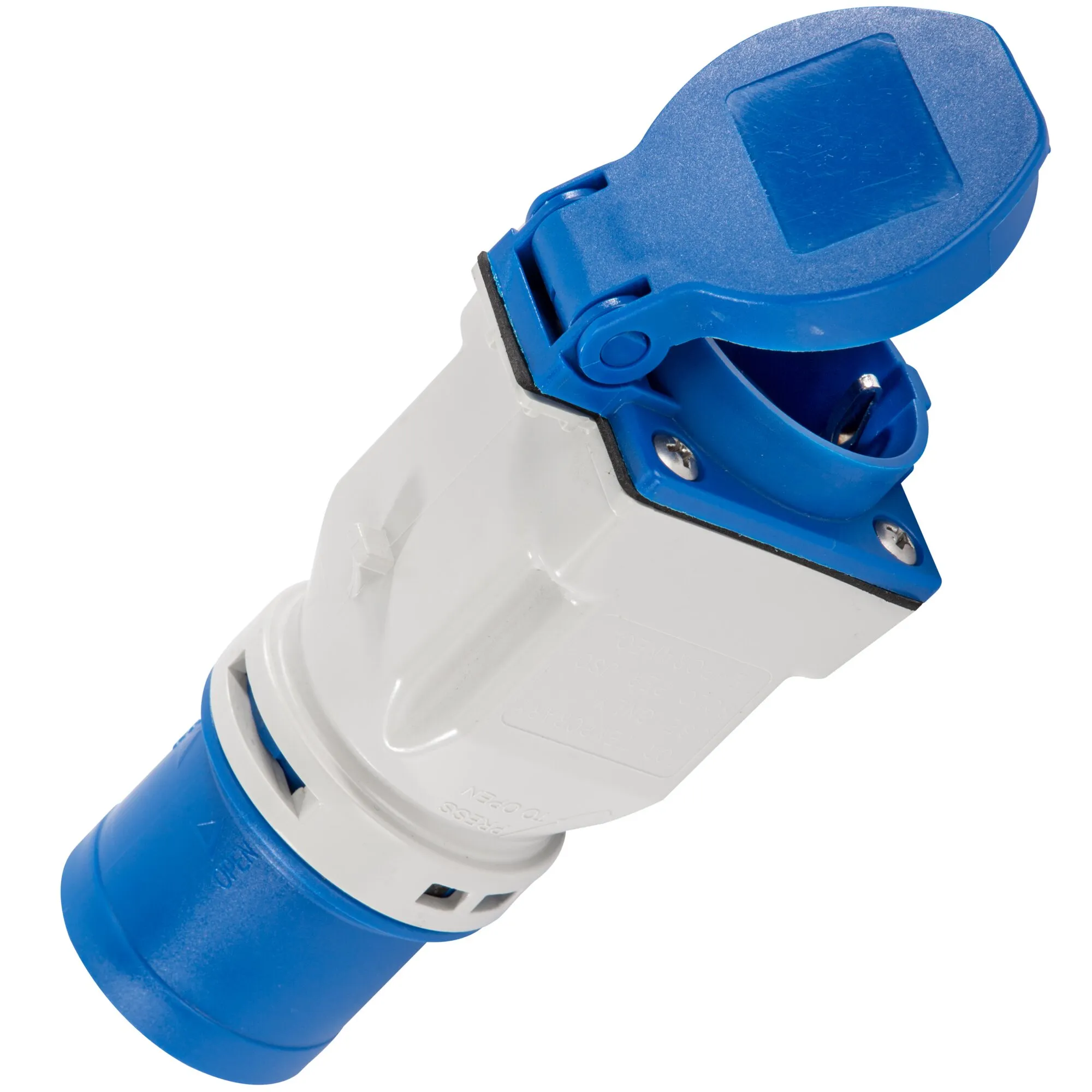 Blau-weißer CEE-Caravan-Adapter mit Schutzdeckel und sichtbaren Kontakten in Detailansicht