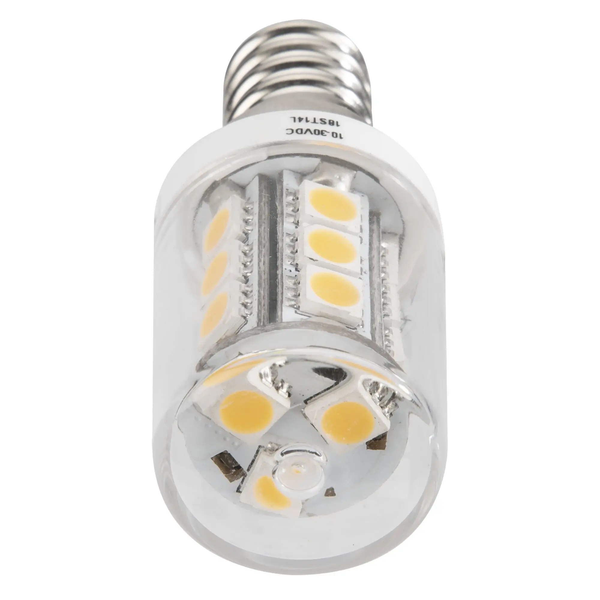 Detail eines LED-Leuchtmittels mit E14 Schraubsockel; transparentes Gehäuse zeigt gelbe LED-Chips in Reihen und das Metallgewinde oben