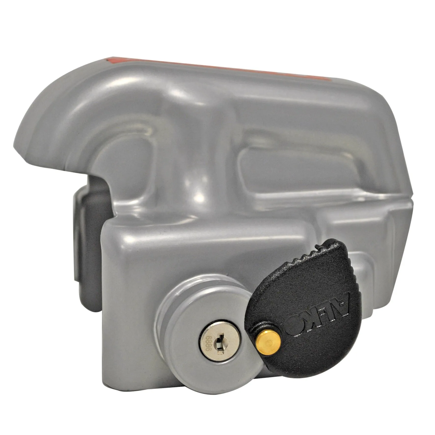 Graue Diebstahlsicherung Safety Compact für Anhängerkupplungen mit 50-mm-Kugel, mit schwarzem Schlossgehäuse und Schlüsselzylinder
