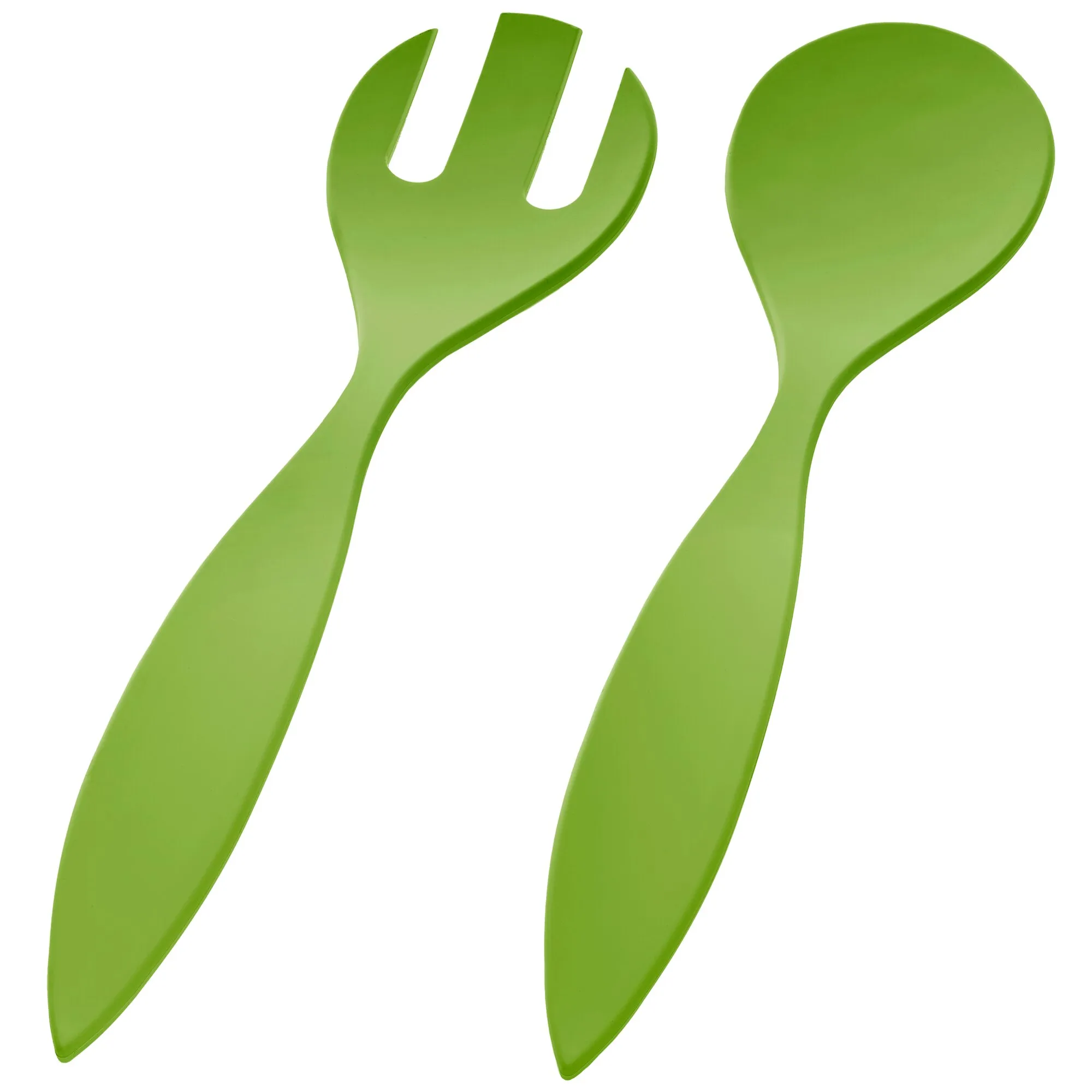 Zwei grüne Salatbesteck-Teile aus Kunststoff, eine gabelartige Form mit zwei Zinken und eine runde Löffelschale, Nahaufnahme vor weißem Hintergrund