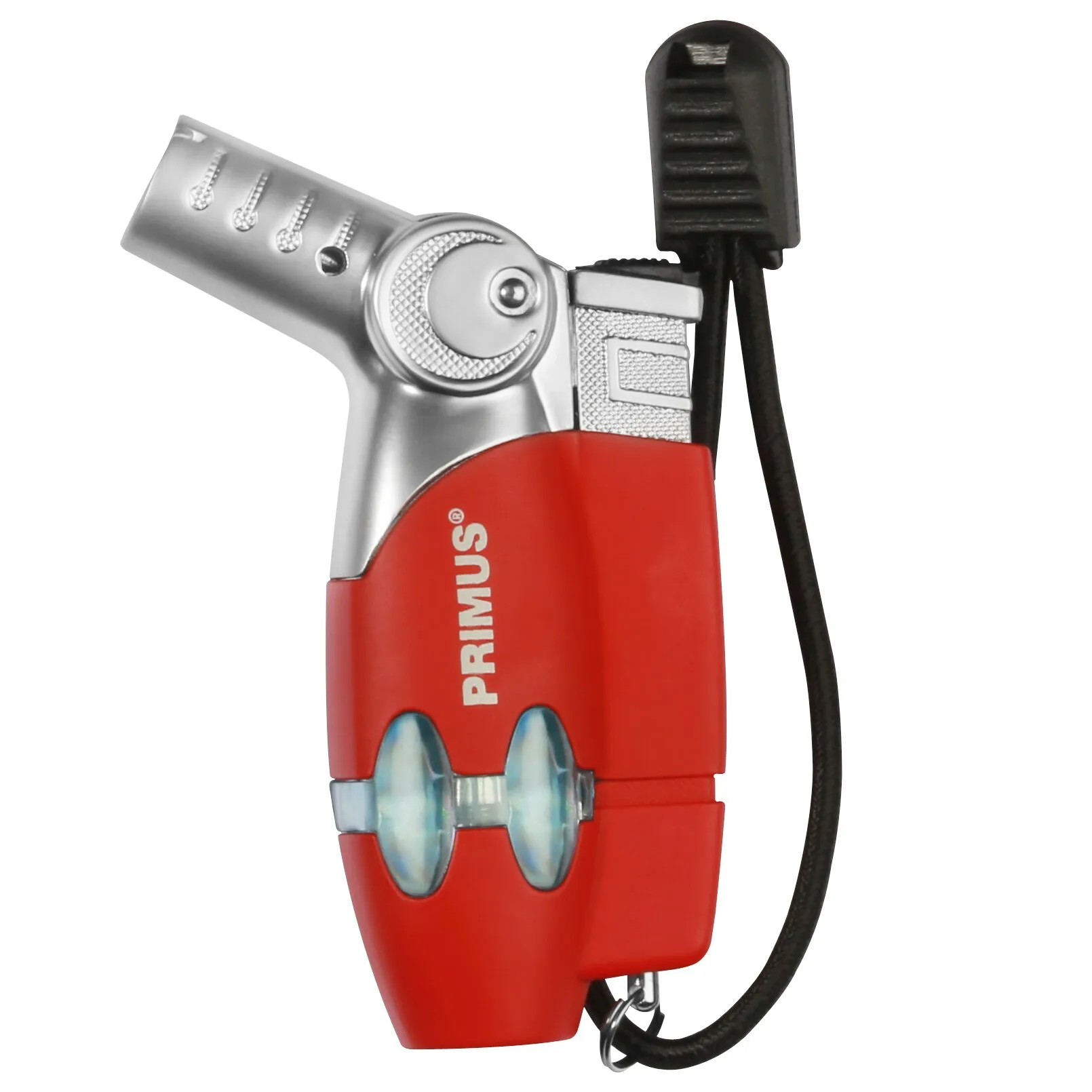 Rotes PRIMUS Power-Lighter-Sturmfeuerzeug mit silbernem Brennerkopf, Zündrad und schwarzer Trageschlaufe