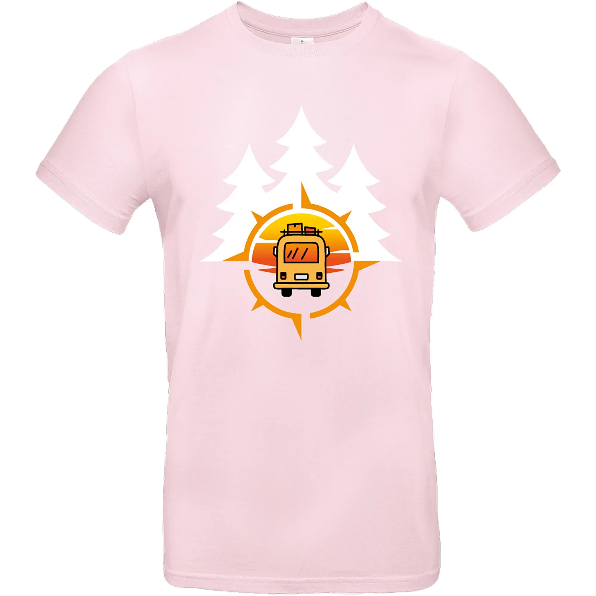 Rosa T-Shirt Vanlife 2 in Größe 3XL mit Rundhalsausschnitt und Aufdruck eines Wohnmobils vor Tannen und Sonnenuntergang