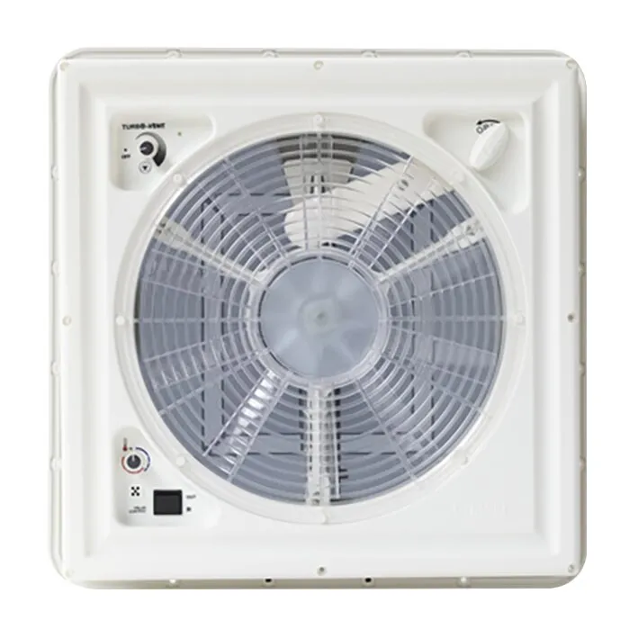 Weiße Dachhaube Turbo Vent mit rundem Ventilator, Schutzgitter und Bedienreglern im quadratischen Rahmen, Frontalansicht