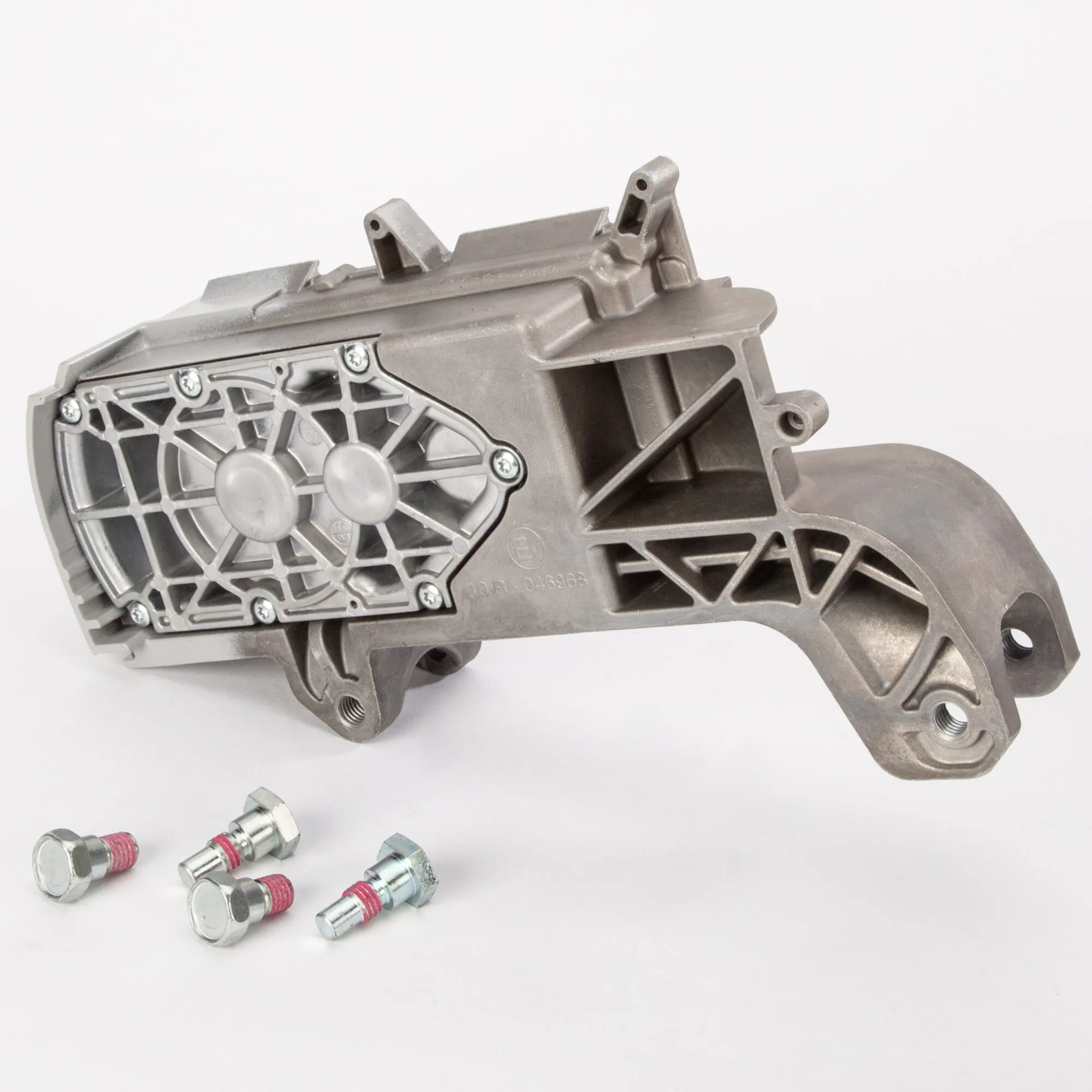 Getriebe B aus grauem Aluminium mit verschraubtem Deckel, Dichtung und vier separaten Sicherungsbolzen
