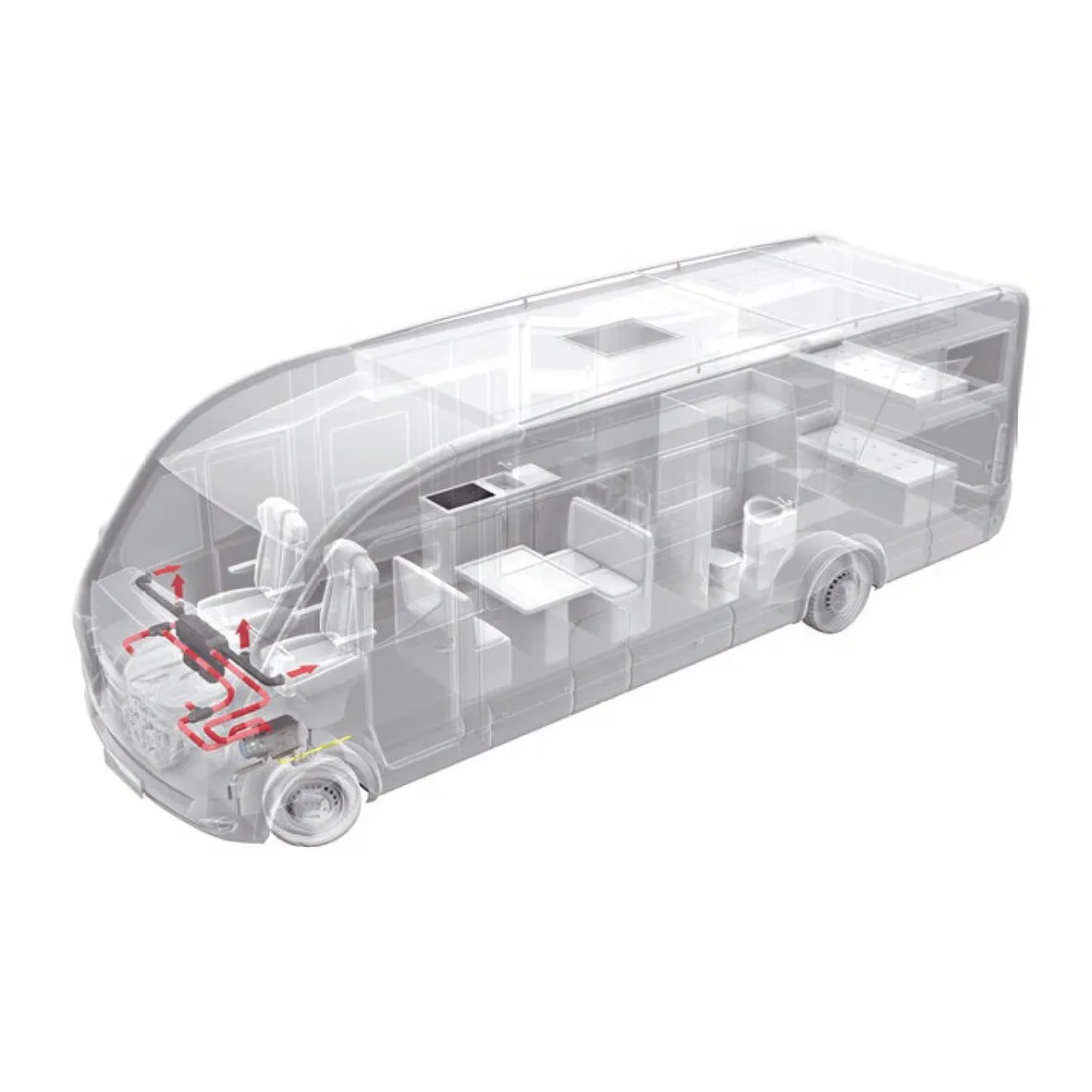 Transparente Innenansicht eines Reisebusses mit rot markierten Heizungsleitungen des Webasto Thermo Top Evo im Frontbereich