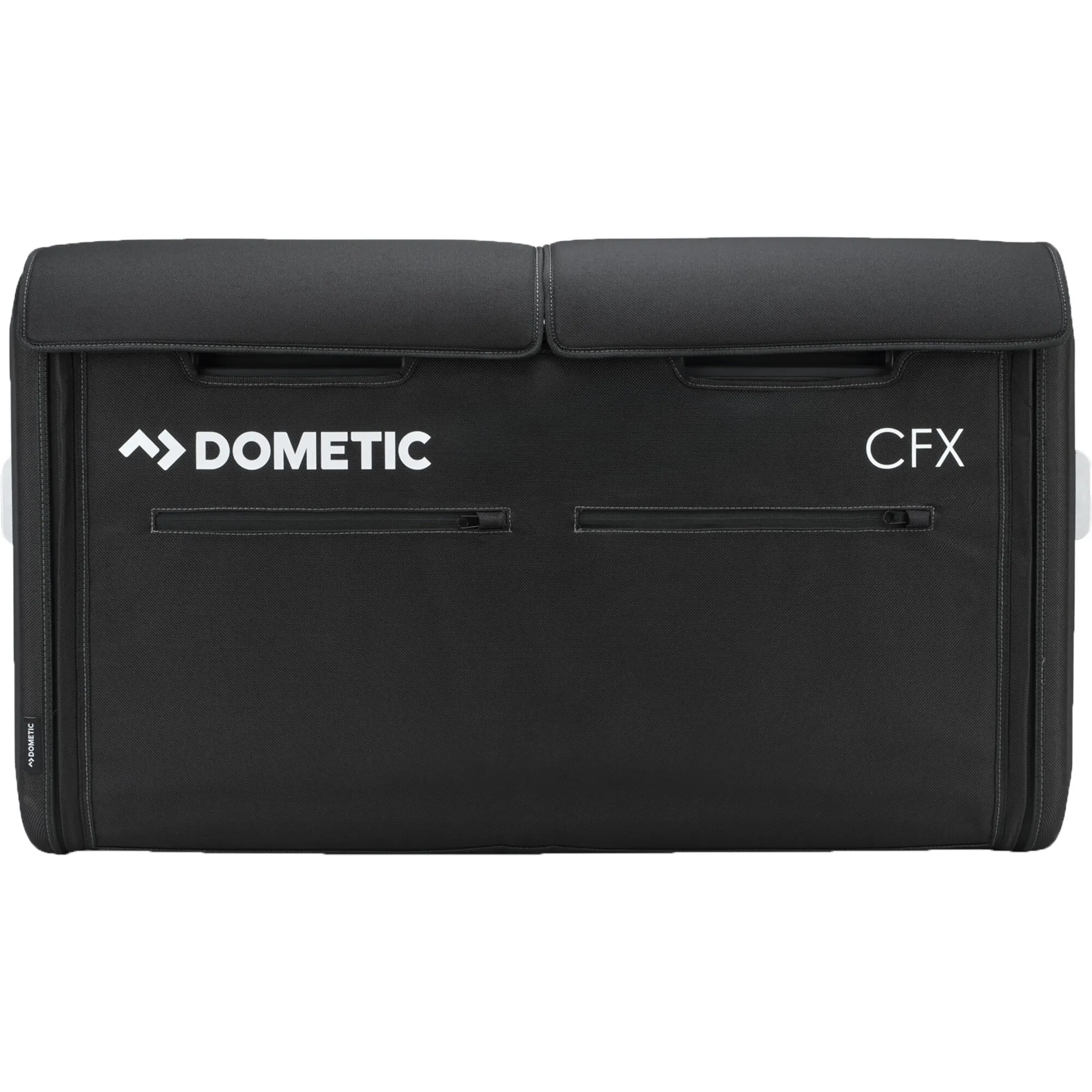 Schwarze Dometic-Schutzhülle für die CFX5 75DZ mit zwei Deckelklappen, Tragegriffen und Frontfächern
