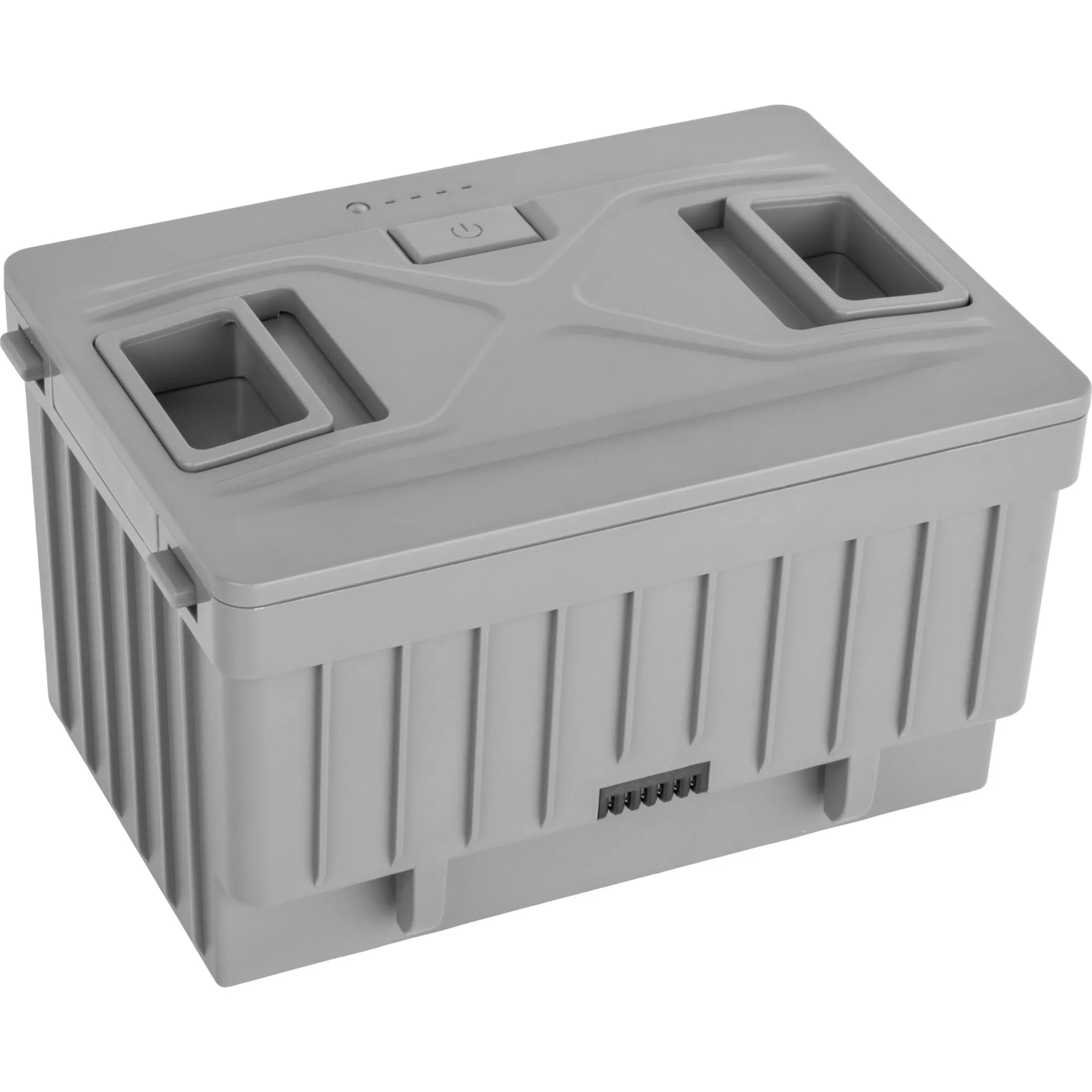 Grau geformter Akku-Einsatz für Polarys Freeze DZ35/DZ45 Kühlbox, Deckel mit Power-Taste und LEDs, Griffmulden und Kontakte sichtbar