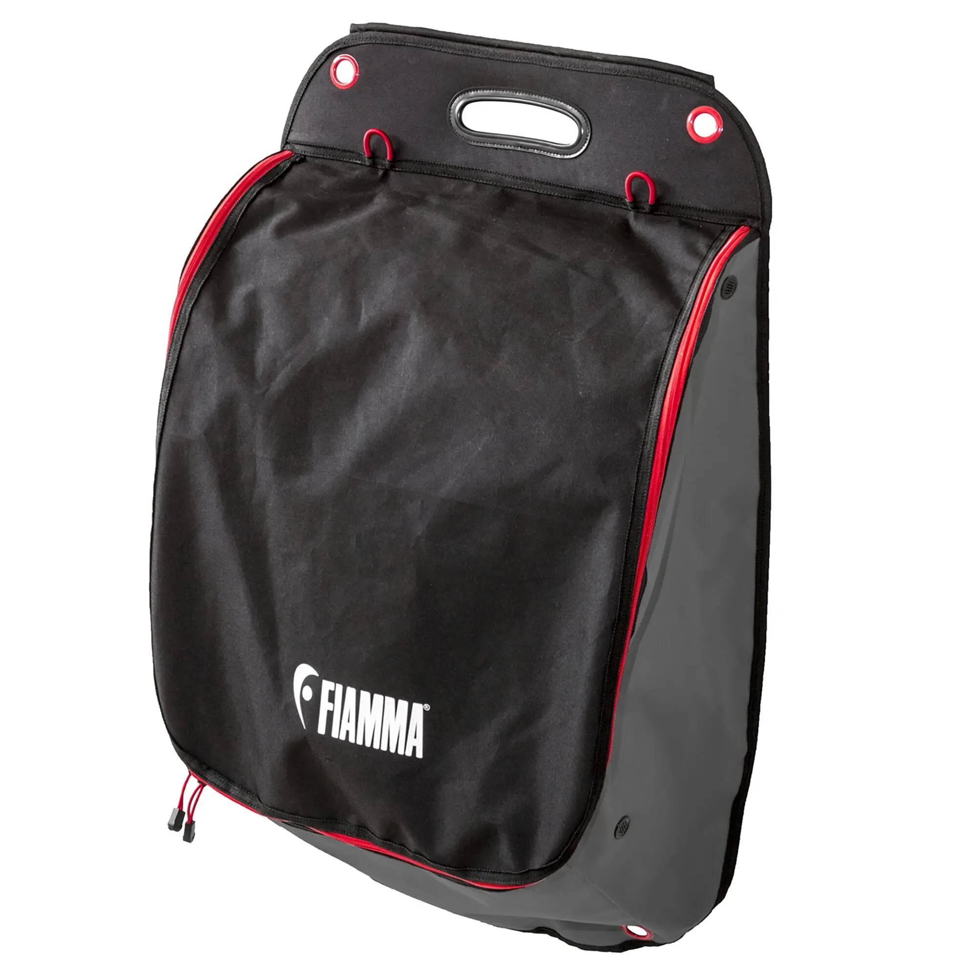 Schwarzes Ordnungssystem Garage Pack Plus von FIAMMA mit rotem Reißverschlussrand, Grifföffnung oben und FIAMMA-Logo unten