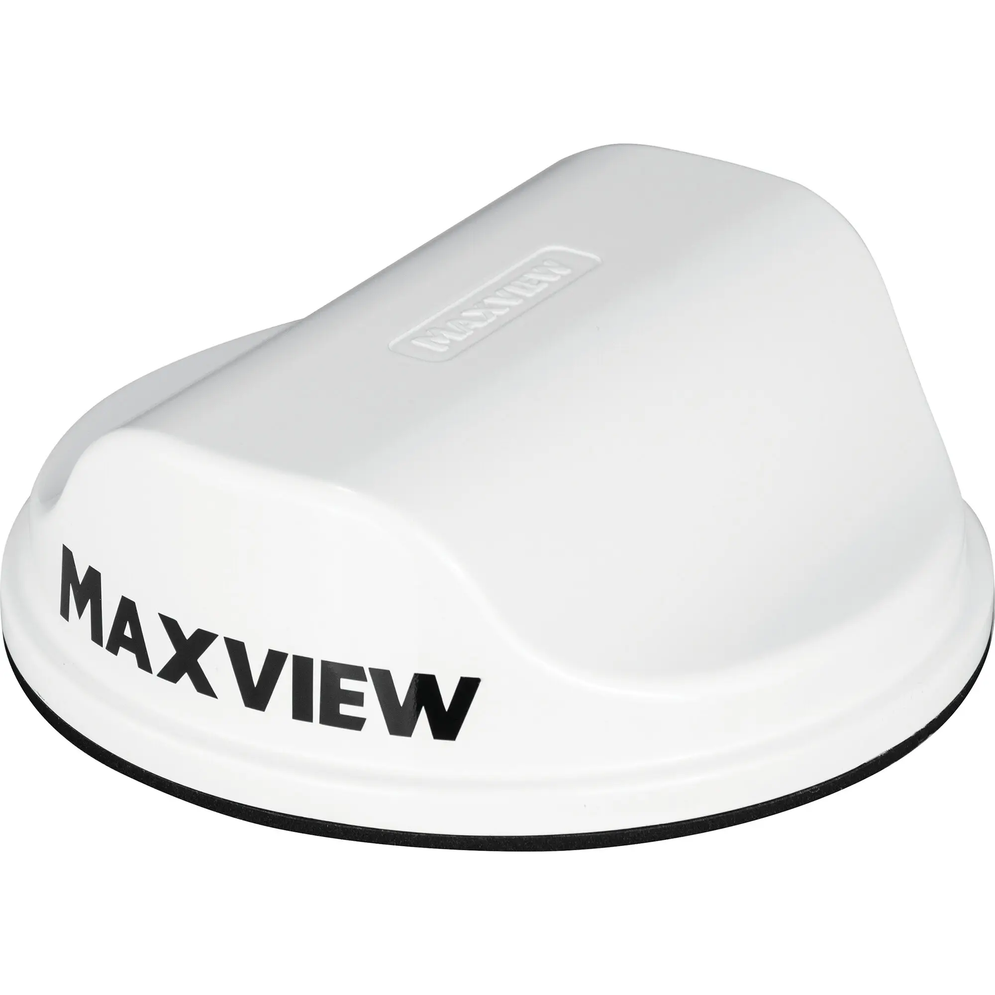 Nahaufnahme eines weißen, gebogenen Routergehäuses mit einem eingeprägten Maxview-Logo auf der Oberseite