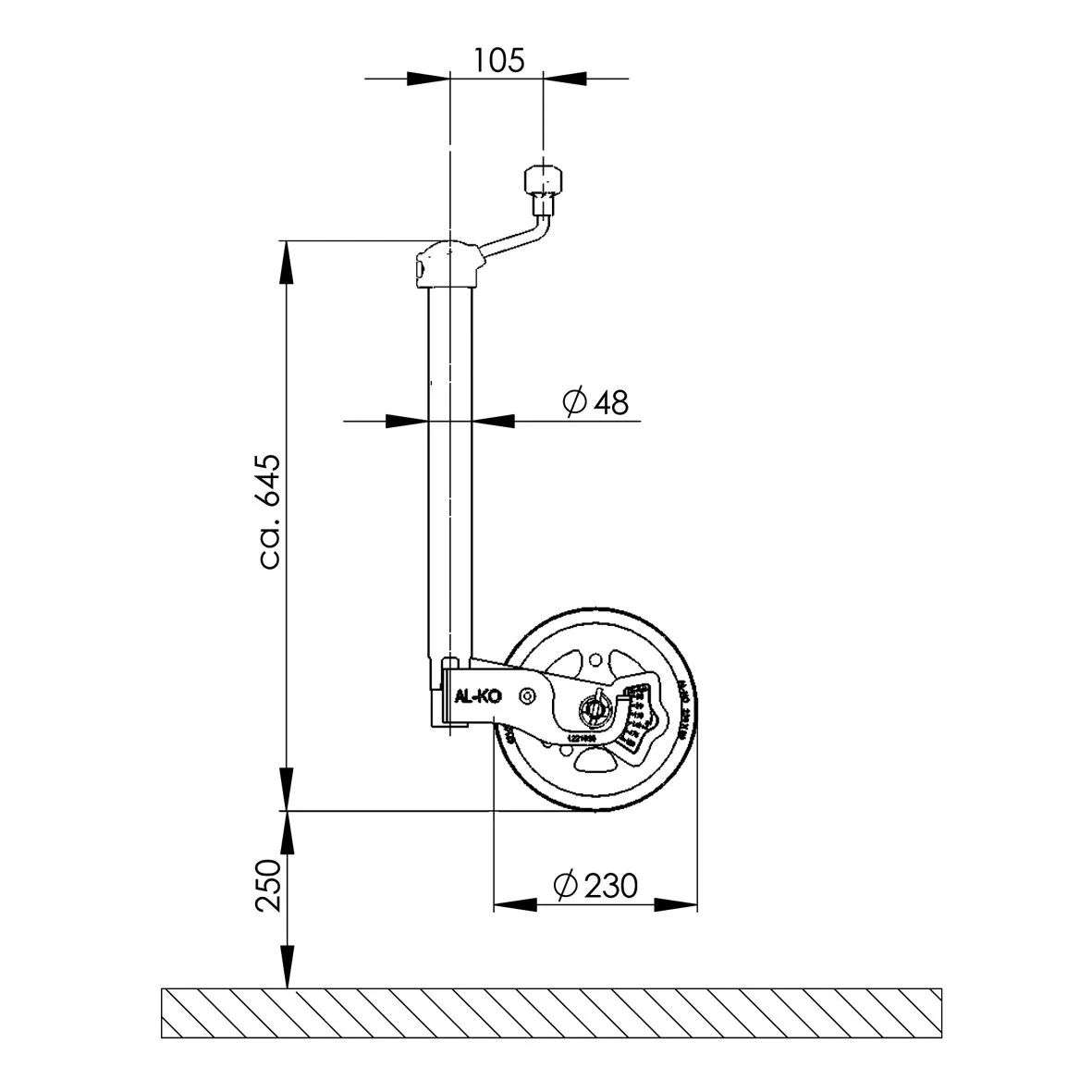 AL-KO-Stützrad in technischer Seitenansicht mit Kurbel, Rad und Maßangaben: Rohr Ø48 mm, Rad Ø230 mm, Höhe ca. 645 mm