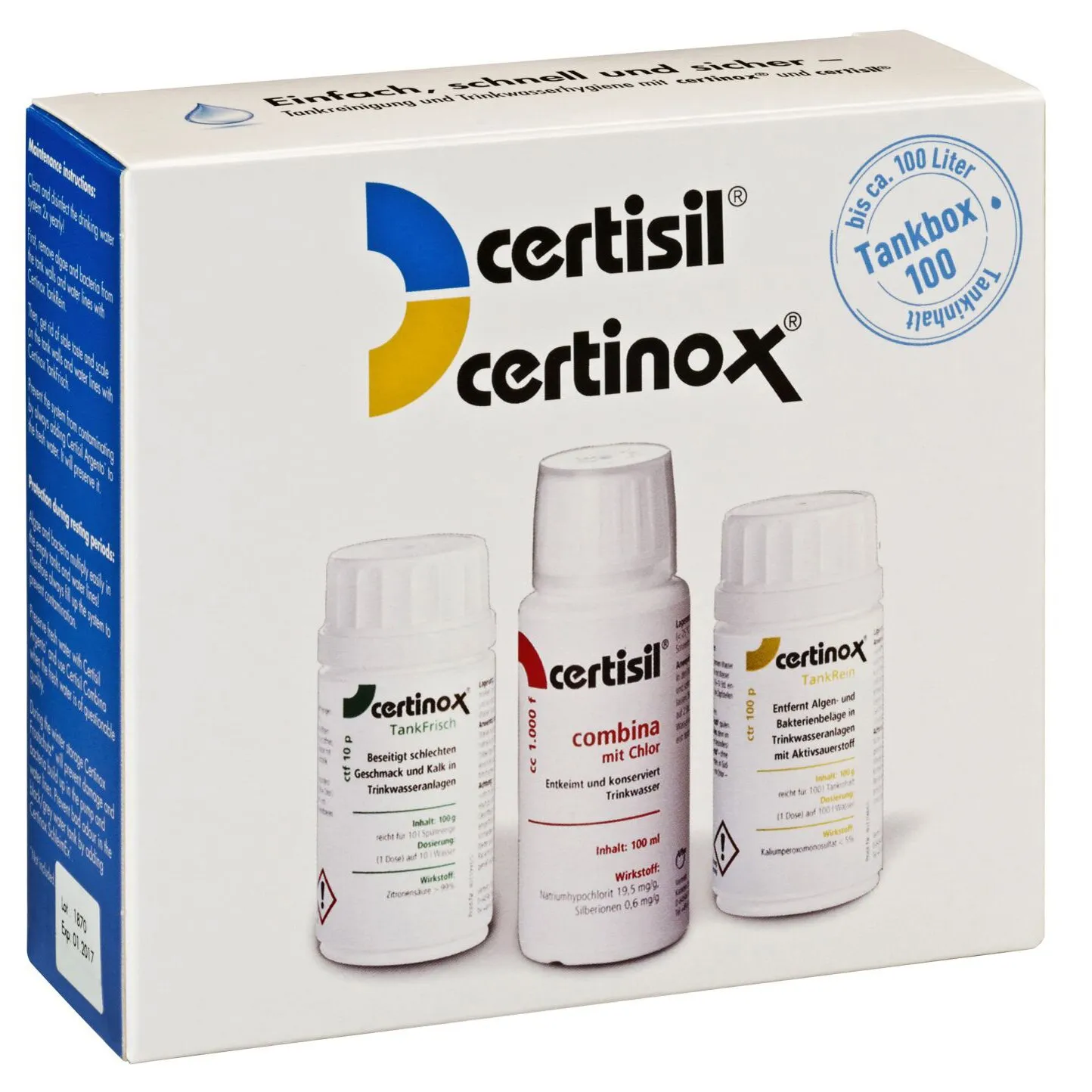 Weiße certibox 100 Verpackung von certisil und certinox mit drei Flaschen zur Reinigung und Desinfektion von Trinkwasseranlagen